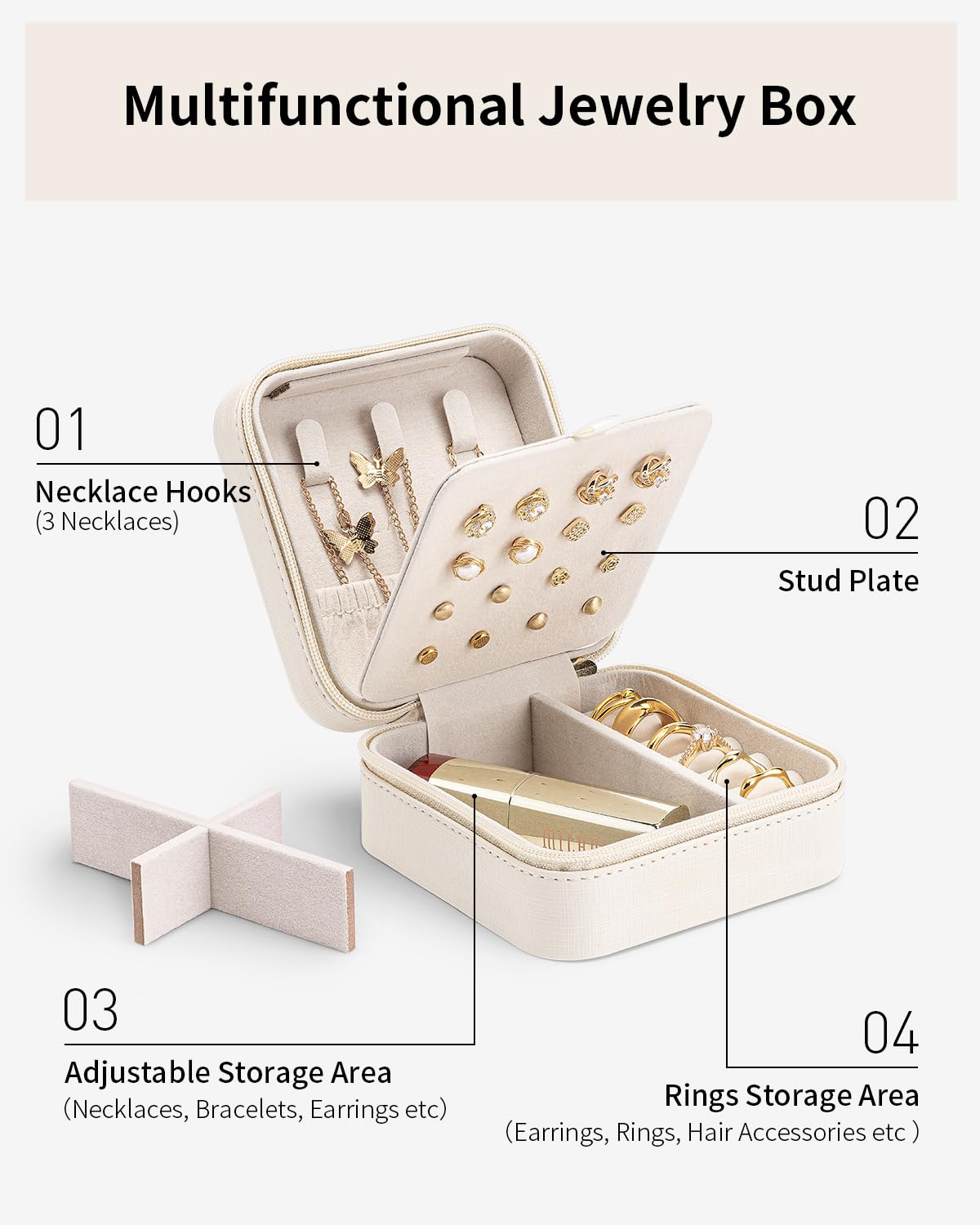 Vlando Travel Jewelry Organizer Box - Compact Jewelry Case for Women & Girls, Portable Jewelry Storage for Necklaces, Rings & Earrings - Perfect for Vacation, Business Trips & Daily Use - White