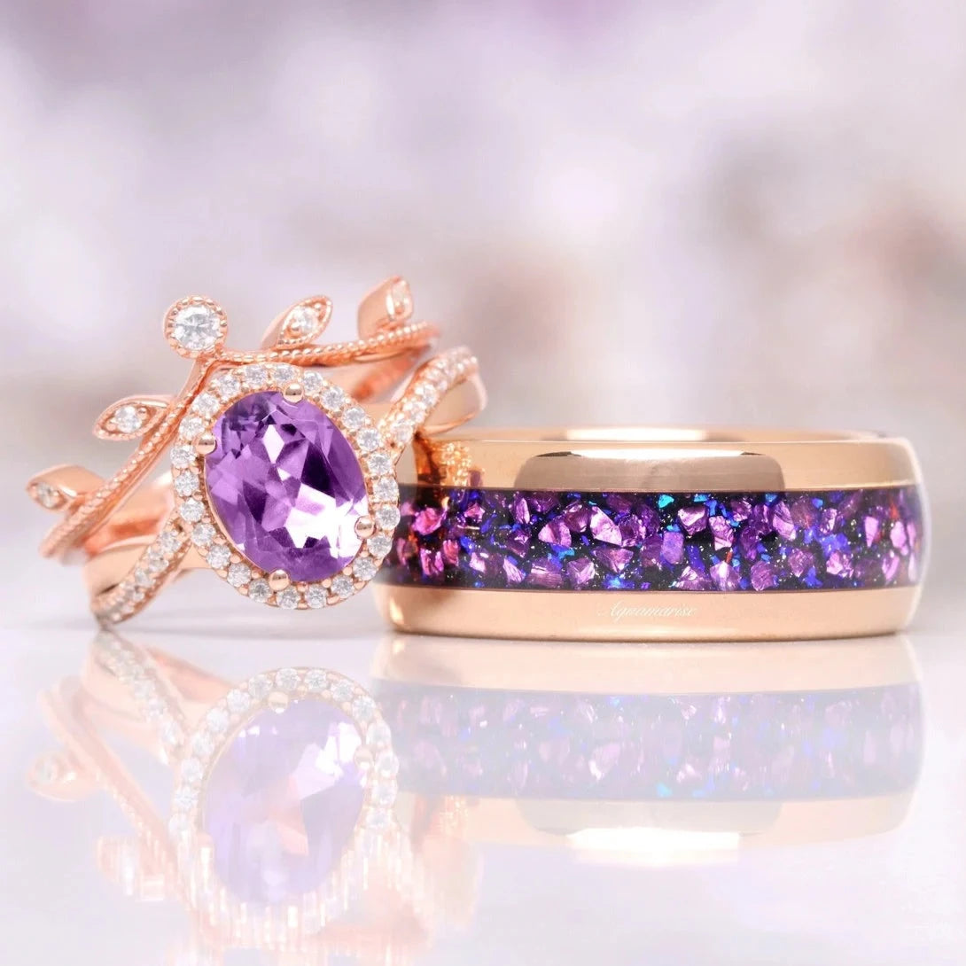 Amethyst & Galaxy Fire Opal Couples Ring Set - Matching Wedding Bands for Him & Her - Elegant Gemstone Jewelry for Anniversaries, Engagements & Romantic Gifts