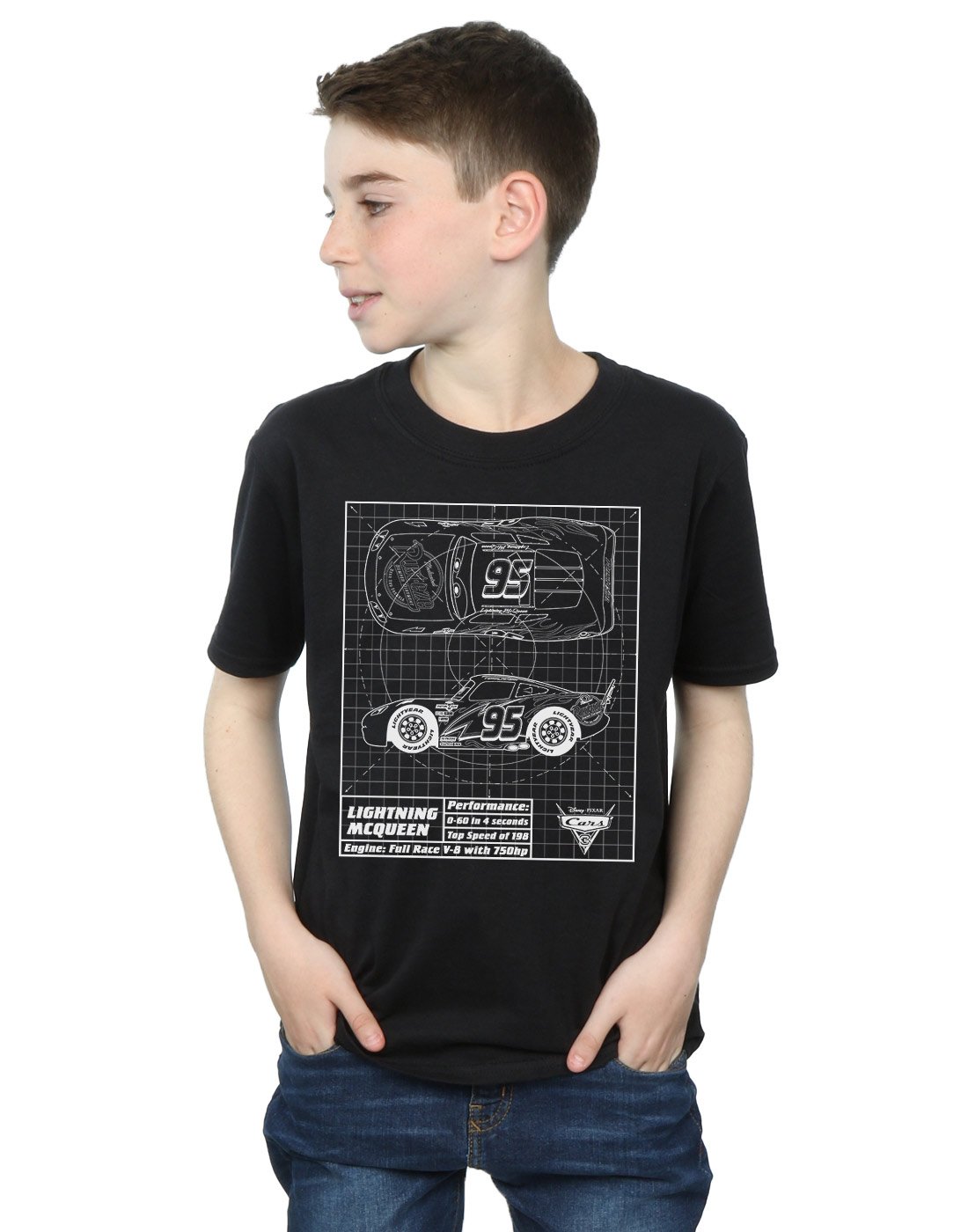 Disney Cars Lightning McQueen Blueprint Graphic T-Shirt for Boys Age 9-11 - Cool Black Cotton Tee - Perfect for Birthday Gifts & Disney Theme Parties