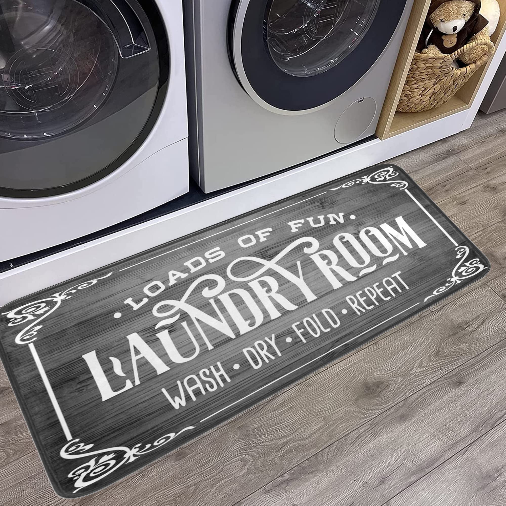 Farmhouse Style Laundry Room Mat - Non-Slip Washable Rug with Dark Wood Background (39x20 Inches) - Perfect for Laundry Room Floor, Mudroom Entryway & Farmhouse Decor