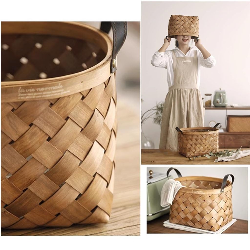 Round Woven Storage Basket with Leather Handle - Open Design Organizer for Shelves, Living Room, Nursery & Bathroom - Small Felt Basket for Home Decor & Countertop Storage