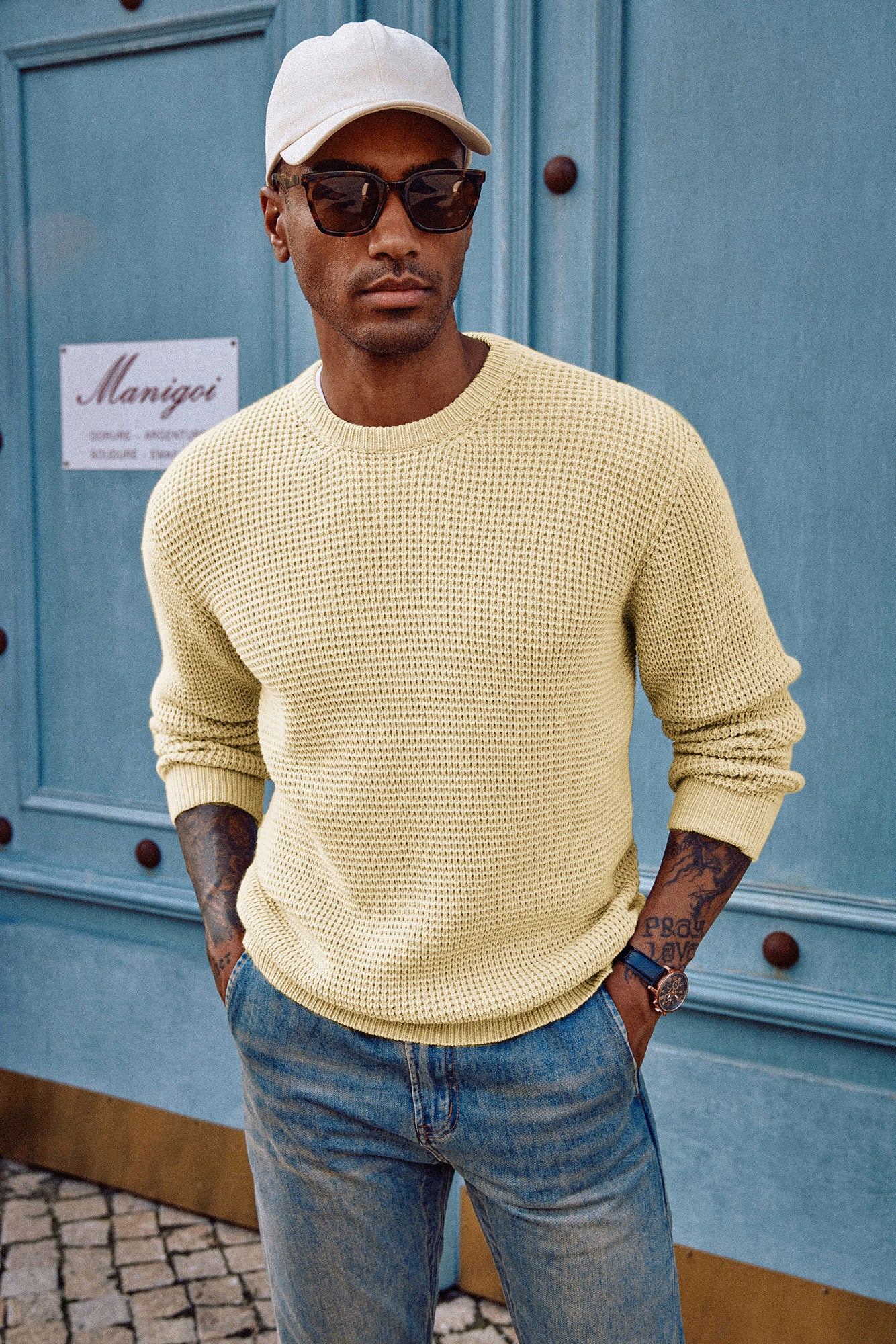 Men's Waffle Knit Crewneck Pullover Sweater - Soft Long Sleeve Textured Sweater for Casual Wear, Fall & Winter Layering, Office & Weekend Outfits