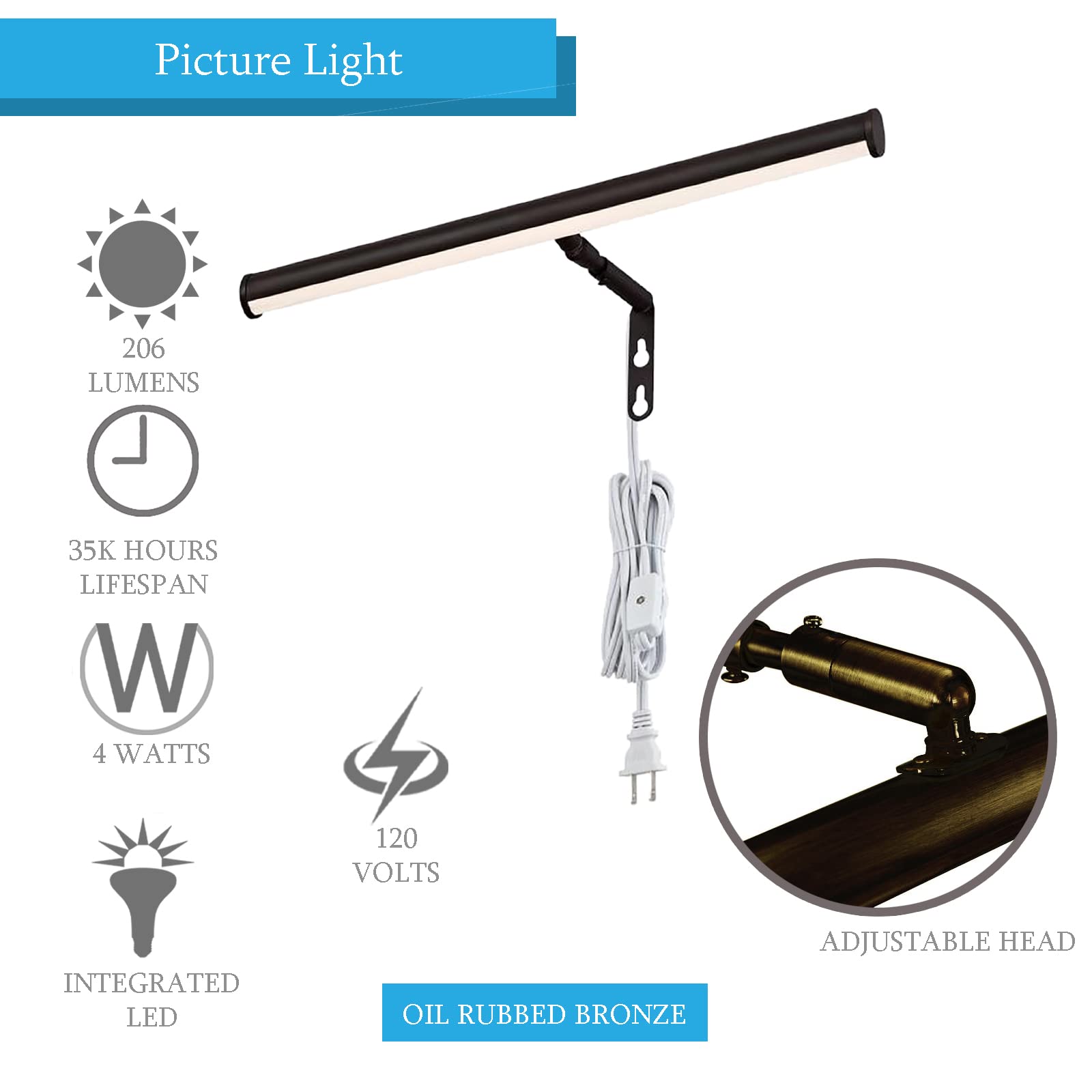 Ciata 14-Inch LED Picture Light for Wall Art - 3000K Warm White, 4W Adjustable Metal Frame Light with In-Line On/Off Switch, 90+ CRI, Oil Rubbed Bronze Finish - Perfect for Gallery, Museum & Home Decor Lighting