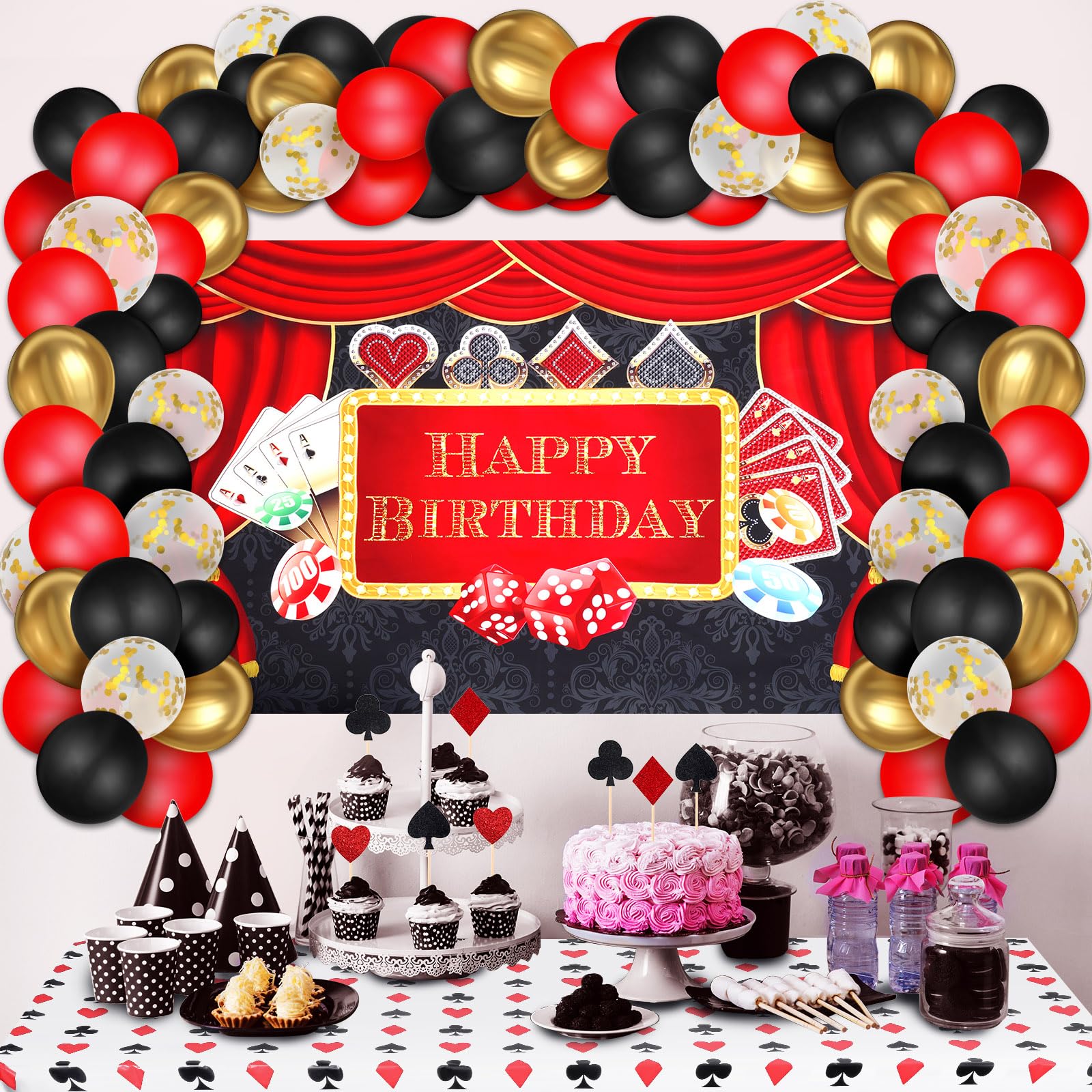 79-Piece Casino Theme Party Decorations Kit - Las Vegas Night Backdrop, Balloon Garland, Tablecloth, Cake Toppers & Foil Balloons for Casino Birthday, Bachelorette & Themed Events