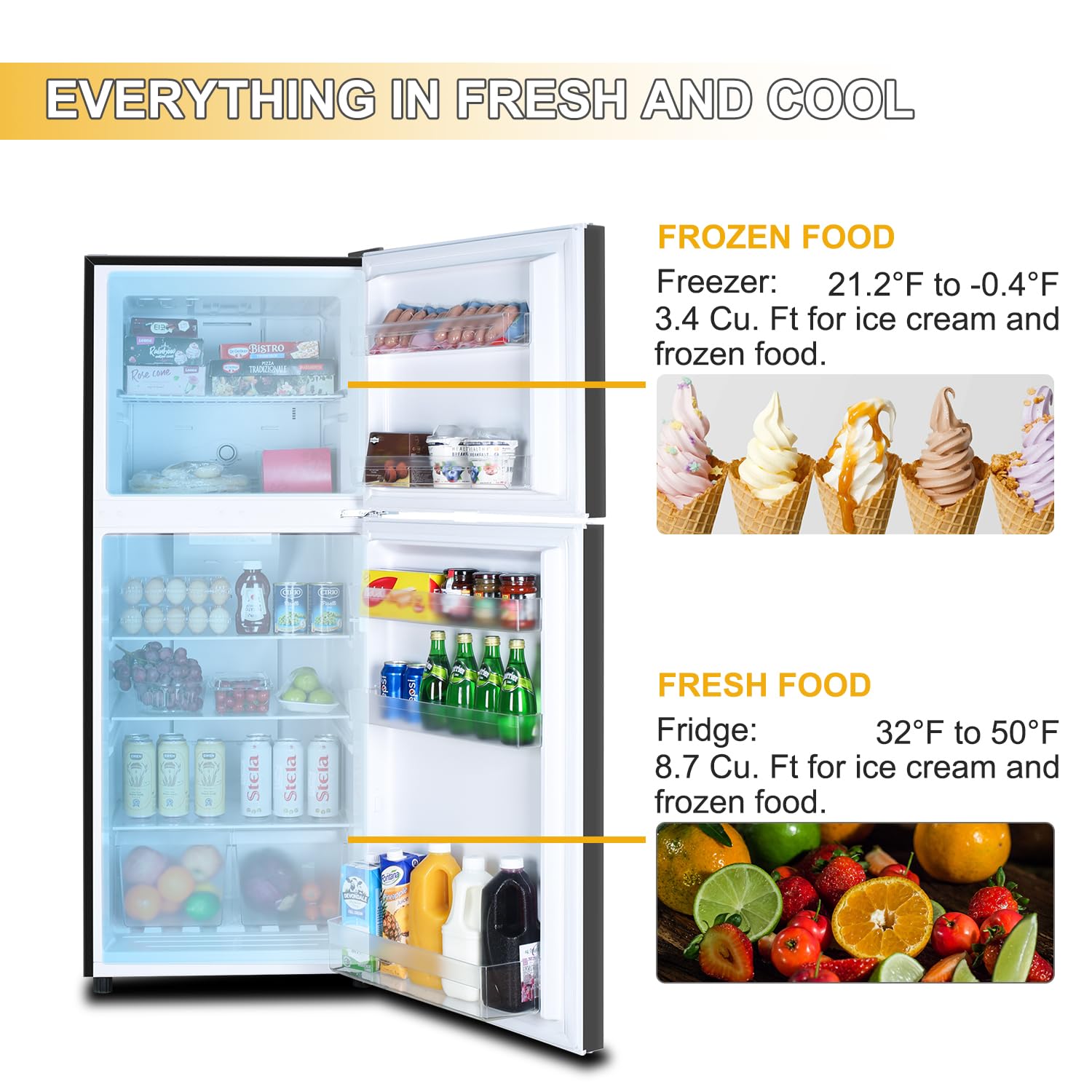 **Frestec 12.1 Cu Ft Apartment Refrigerator with Freezer - 2 Door Compact Fridge, Adjustable Thermostat, Freestanding Design, Reversible Door Swing, Black (FR 1202 BK) - Perfect for Dorms, Small Kitchens & Offices**