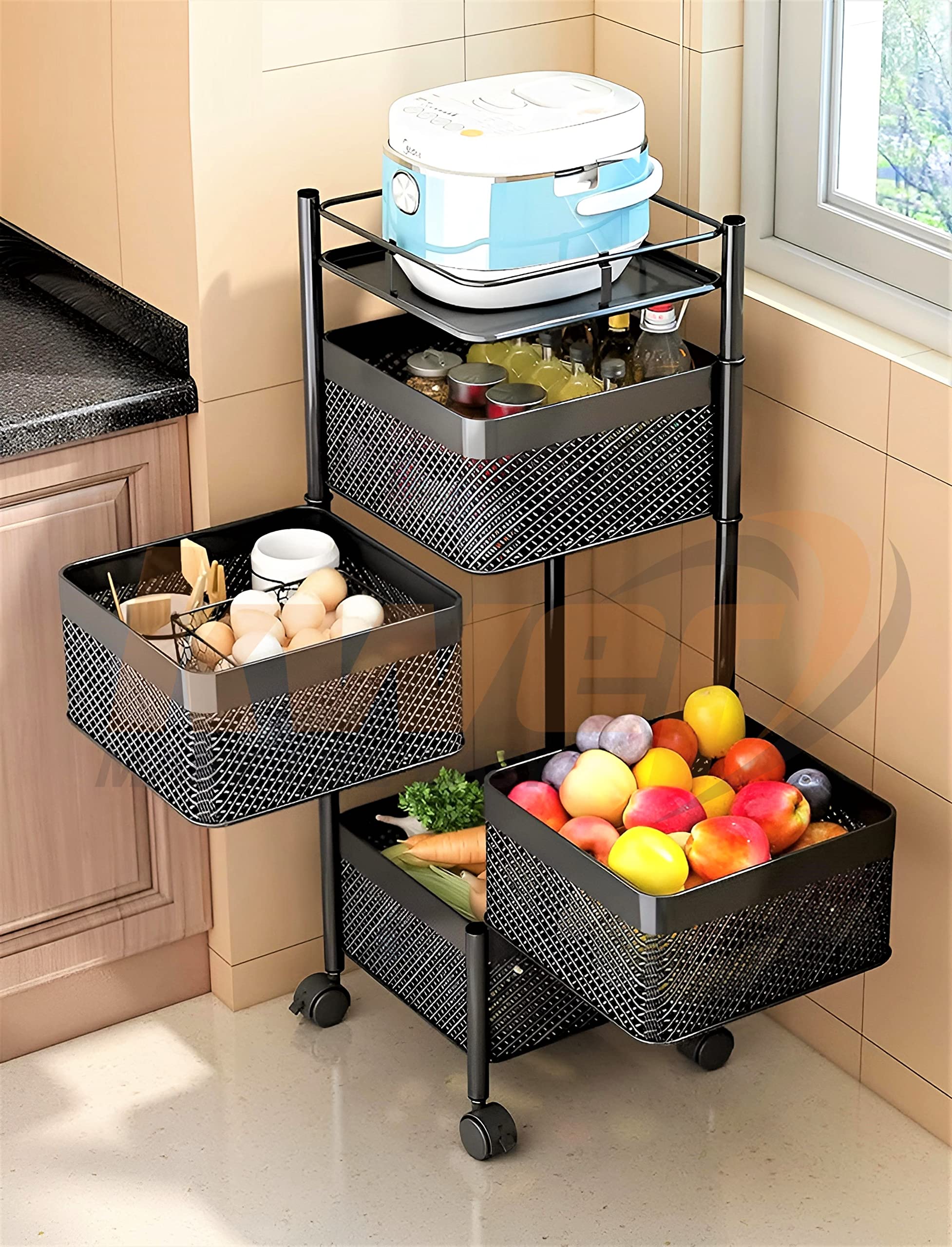 KWER 3-Tier Metal Kitchen Cart with Square Onion Baskets - Black Rolling Storage Organizer for Vegetables, Fruits & Kitchen Accessories | Perfect for Small Spaces, Pantry Organization & Mobile Cooking Stations