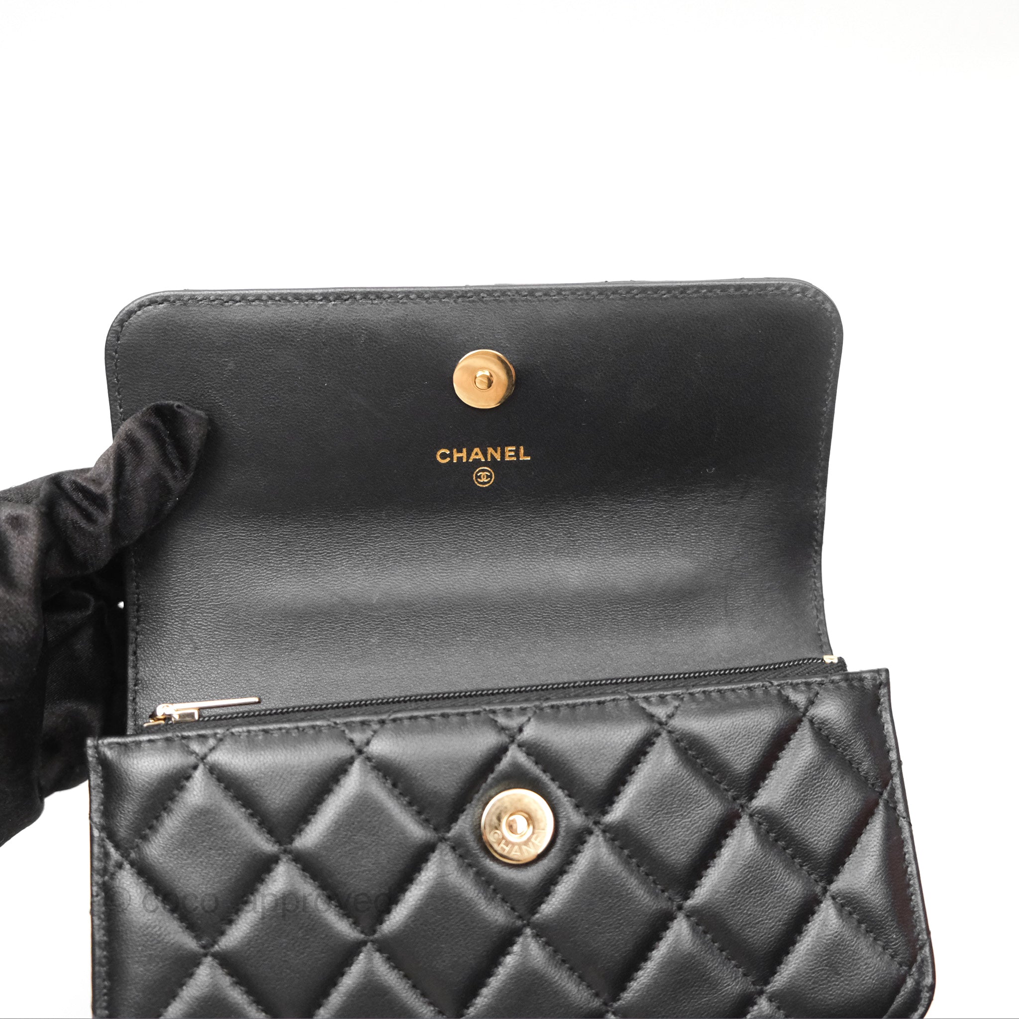 Chanel Camellia Handle Mini WOC Phone Holder Crossbody Bag with Chain - Black Lambskin Leather 23K Gold Hardware | Luxury Evening Out & Date Night Accessory