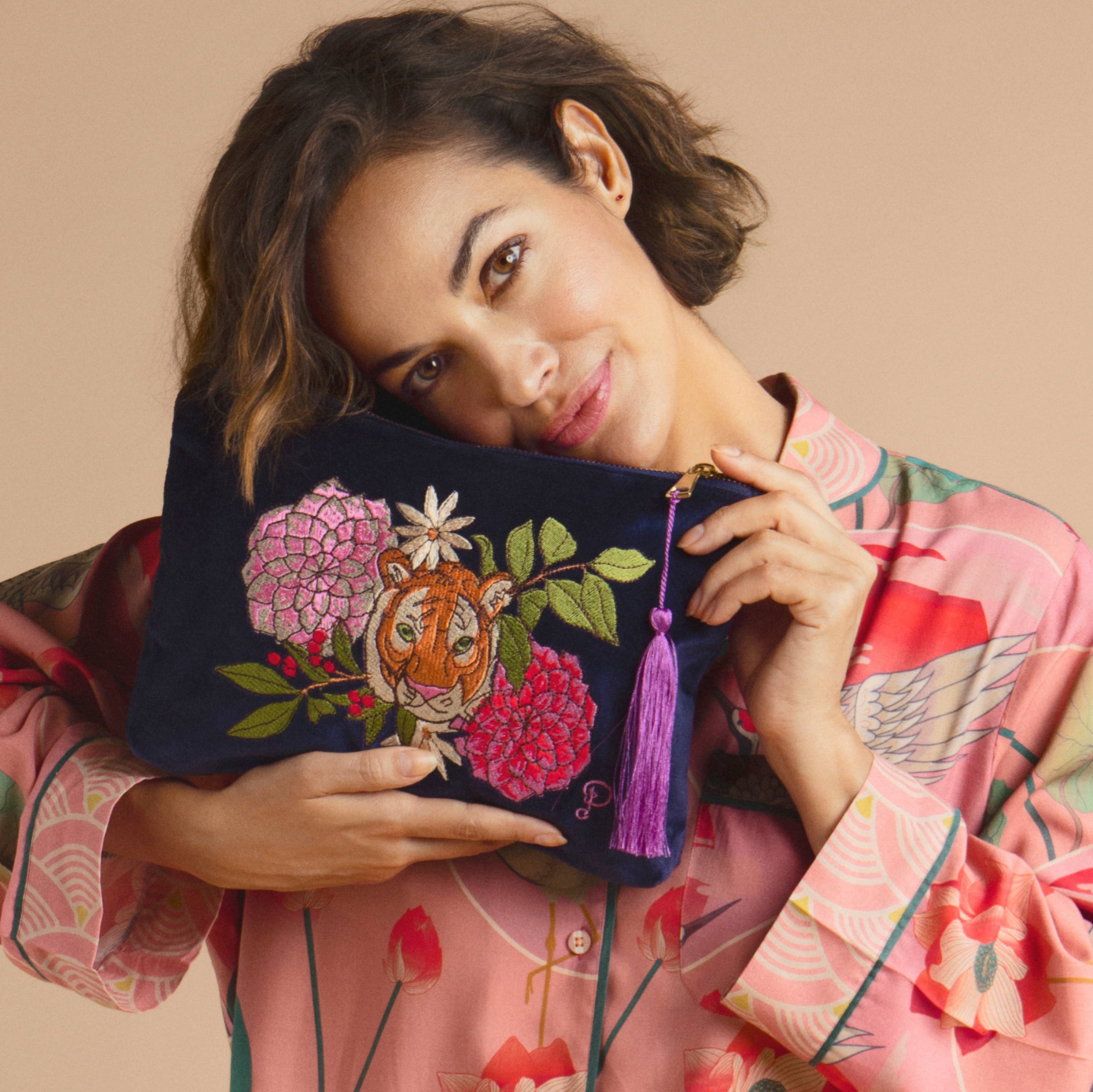Floral Tiger Velvet Zip Pouch Makeup Bag for Women - Waterproof Cosmetic Travel Organizer | Perfect for Travel, Gym, and Everyday Essentials Storage