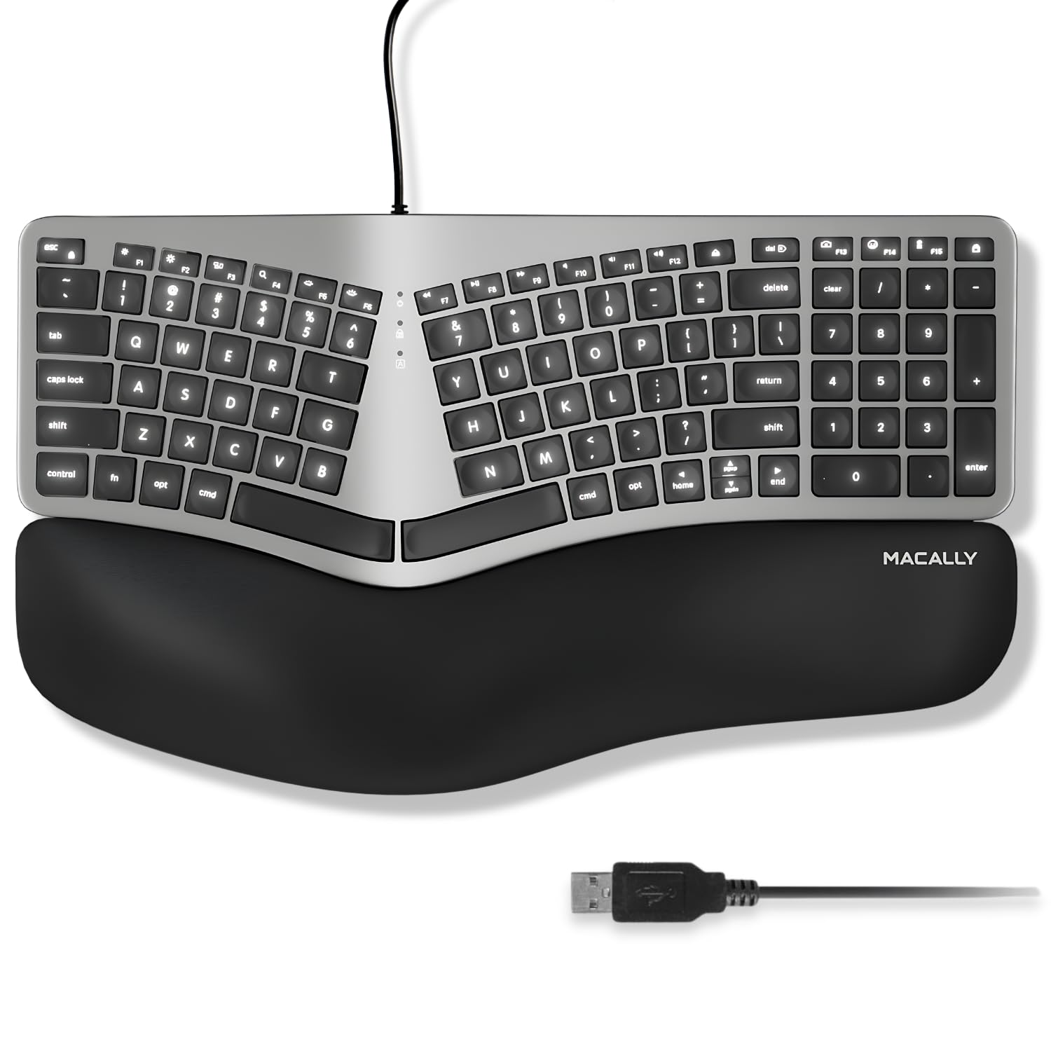Macally Wired Ergonomic Keyboard for Mac - Backlit Apple Keyboard with Comfort Wrist Rest | Compatible with MacBook Pro/Air, iMac, Mac Mini | Perfect for Office Work, Gaming & Long Typing Sessions