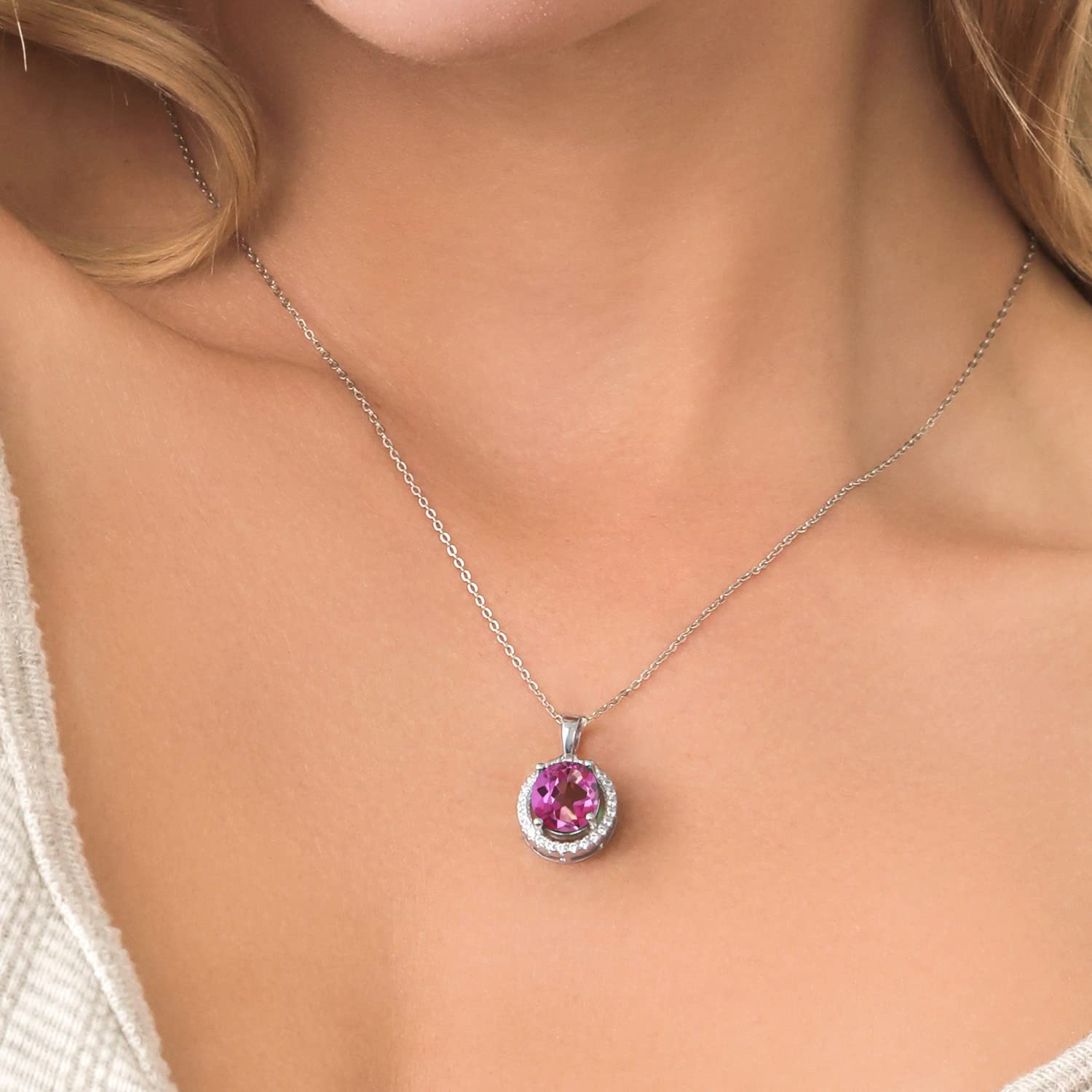 Gem Stone King 925 Sterling Silver 11X9MM Oval Birthstone & White Moissanite Halo Pendant Necklace for Women | 18 Inch Chain | Perfect for Birthday Gifts, Anniversary, Valentine's Day & Special Occasions