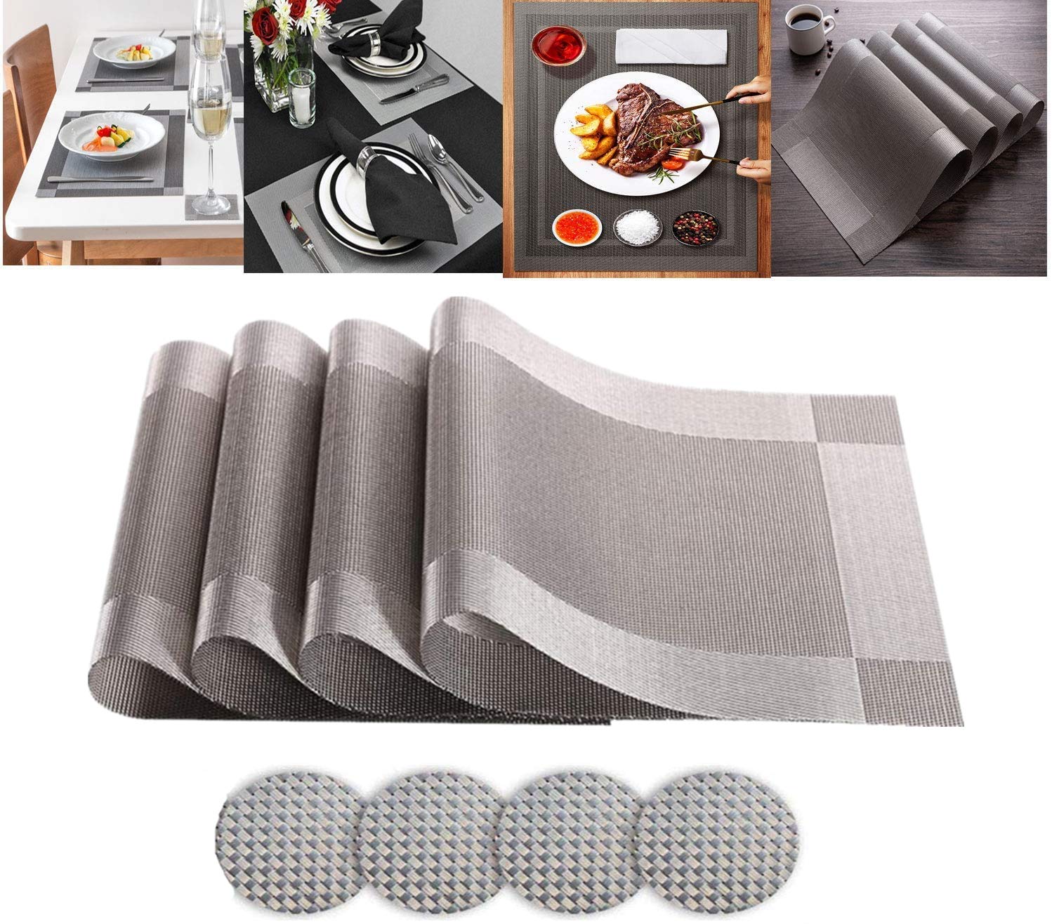 Premium Heat-Resistant Woven Vinyl Placemats Set of 4 - Non-Slip Washable PVC Table Mats for Dining Table, Easy to Clean & Durable (Silver Grey) - Perfect for Everyday Meals, Dinner Parties & Home Decor
