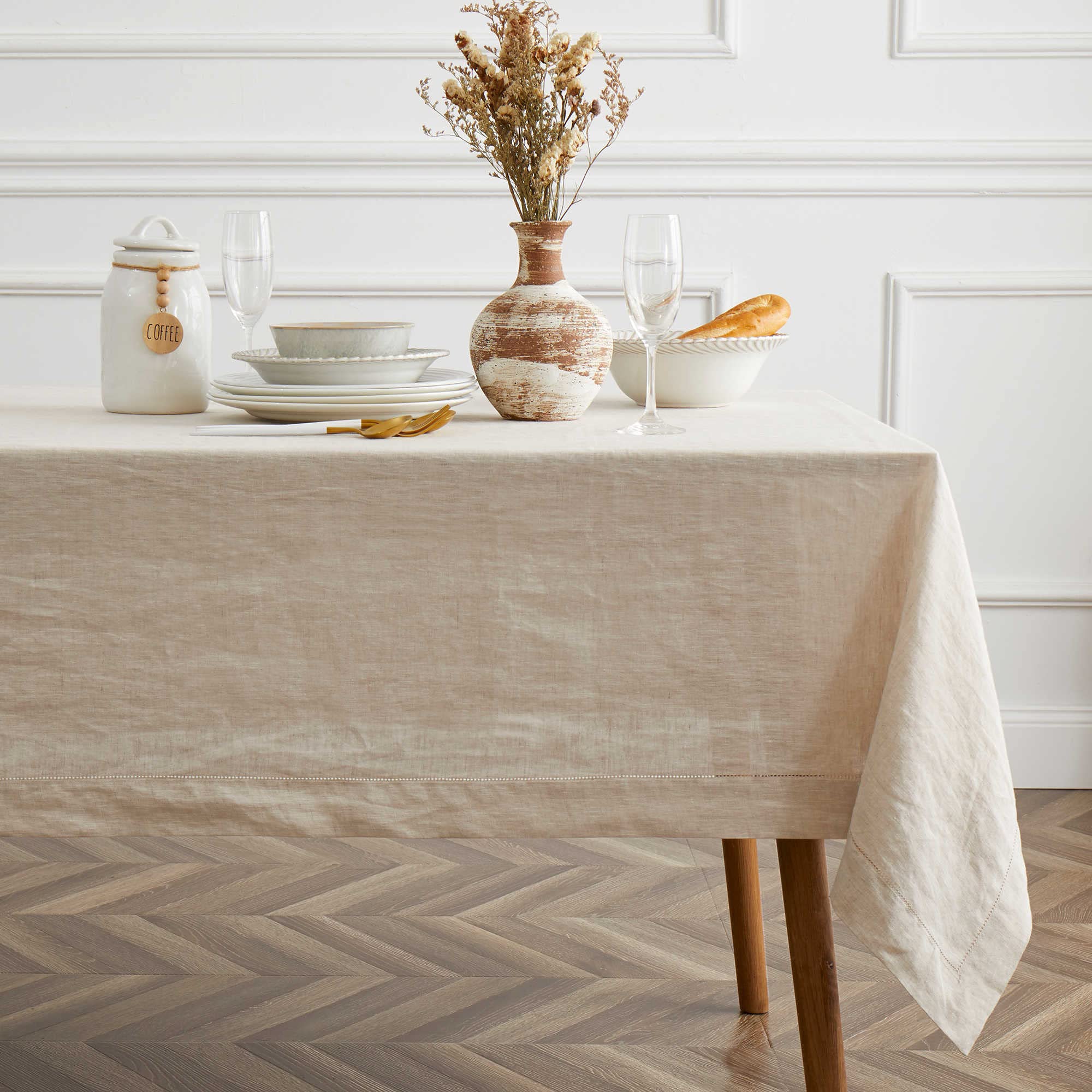 60 x 102 Inch Hemstitch Tablecloth - Washable Rectangular Linen Table Cover for Farmhouse, Kitchen, Dining, Outdoor | Perfect for Easter, Thanksgiving, Weddings & Party Decorations | Natural Burlap Fabric