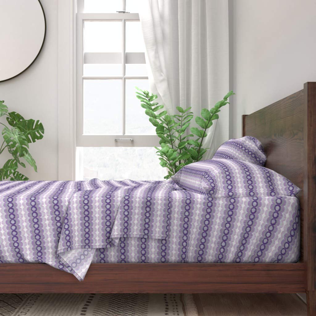 100% Cotton Queen 4-Piece Sheet Set - Ikat Purple Gray Circles Scallop Damask Midcentury Modern Design | Soft Breathable Bedding for Girls Room & Guest Bedroom | Perfect for Home Decor & Comfortable Sleep