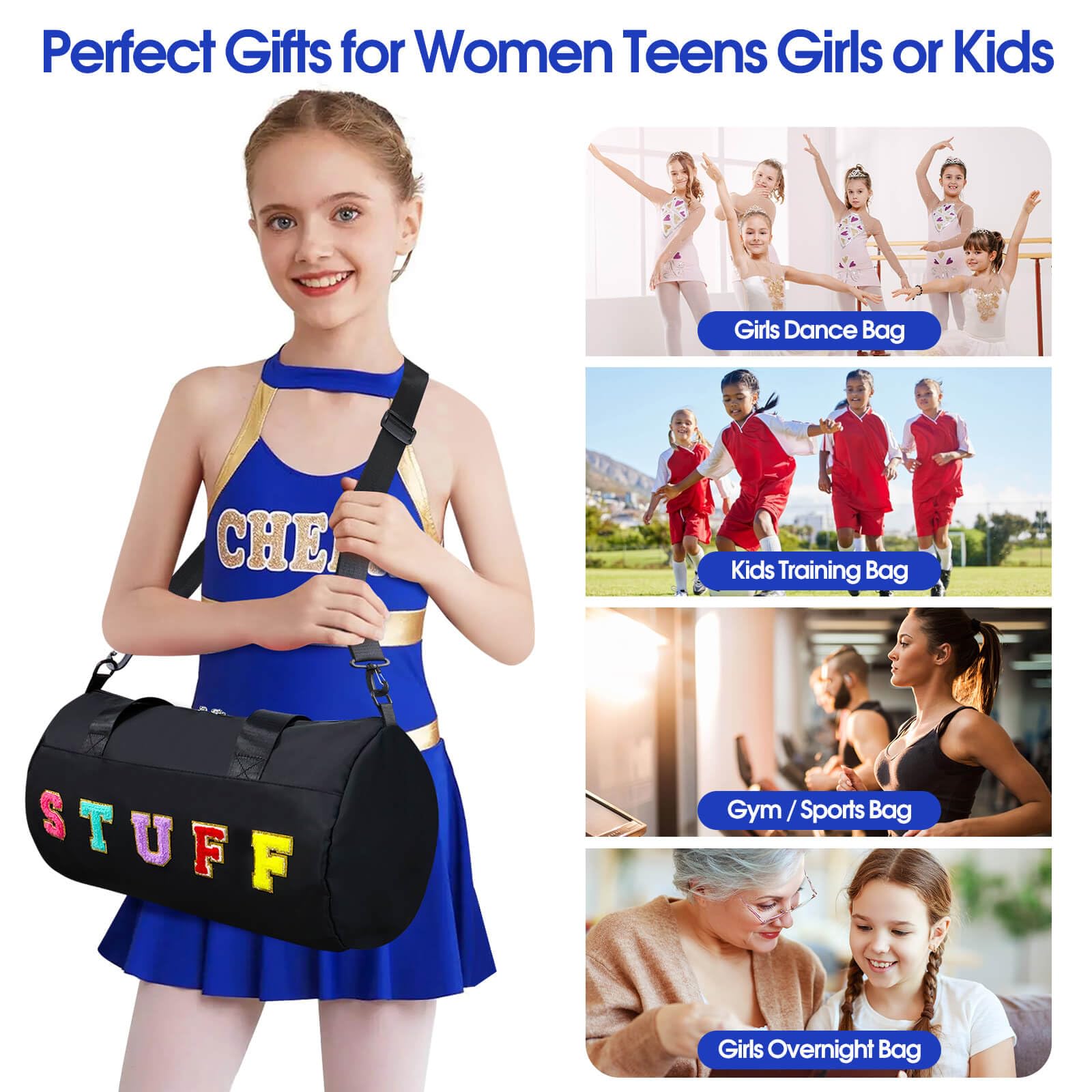 **Chenille Letter Stuff Tote Bag 16 Inch - Small Gym Duffle Bag for Travel, Dance, Sports, Workout & Camping | Carry-On Cheer Ballet Overnight Weekender Bag | Birthday Gifts for Girls, Kids, Teens & Women - Black | Perfect for Gym, School, Beach & Weekend Getaways**