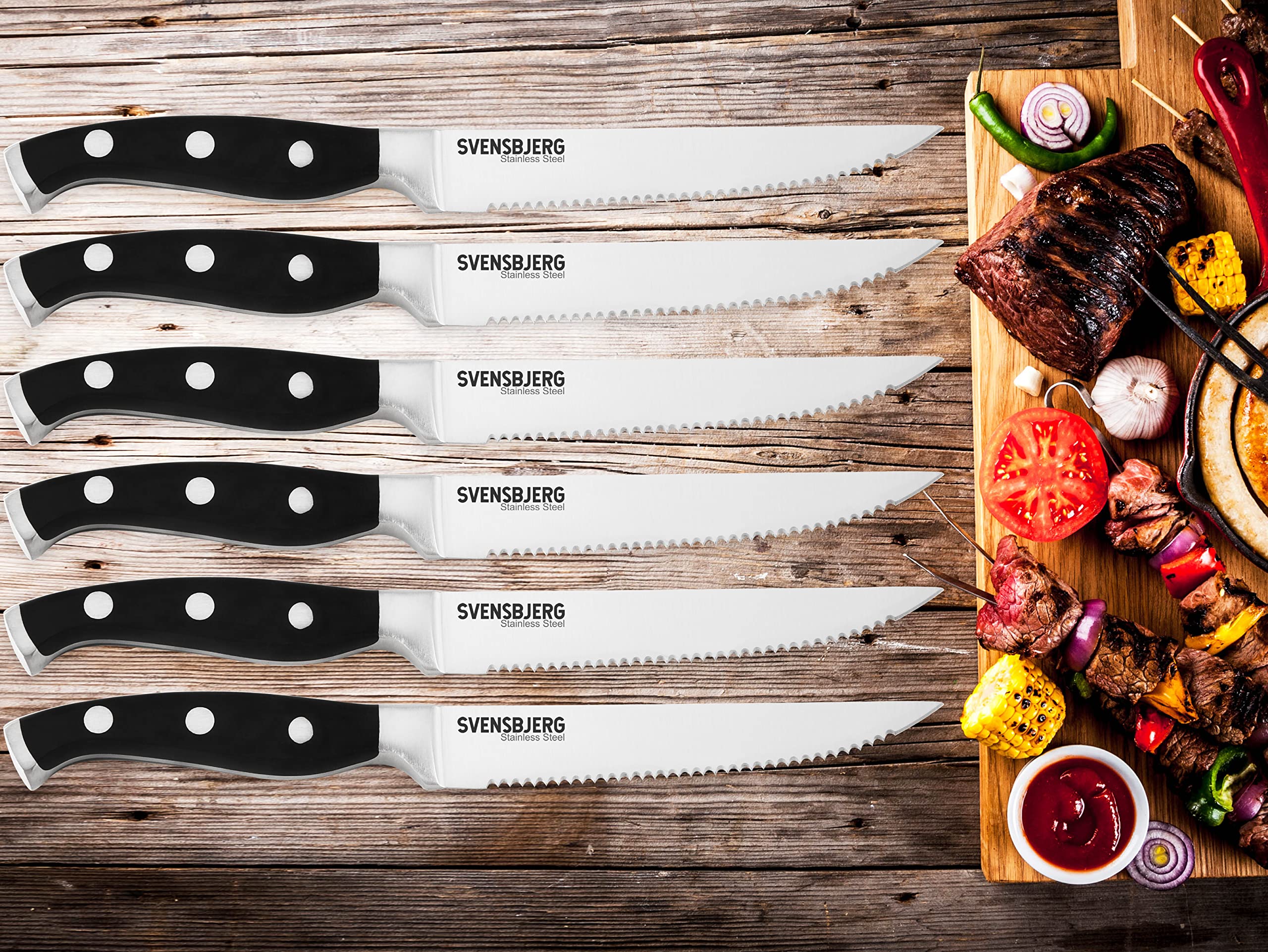 Premium Serrated Steak Knife Set - 6-Piece Stainless Steel Dinner Knives with Protective Covers | Sharp Kitchen Cutlery for Steakhouse Experience, BBQ Parties & Fine Dining | SB-SK201