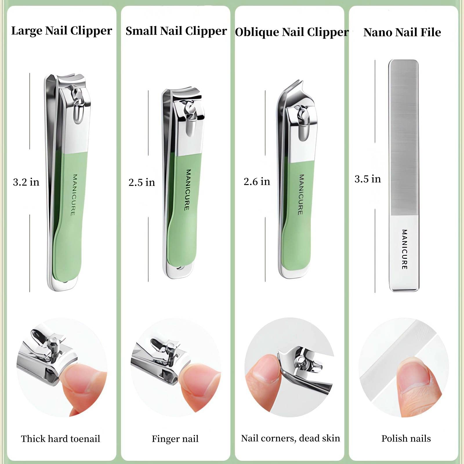 SWILAK 4-Piece Professional Nail Clipper Set - Stainless Steel Toe & Finger Nail Clippers for Thick Nails - Grooming Kit for Men & Women - Travel Essentials - Perfect Gift for Home, Salon & Travel Use (Green)