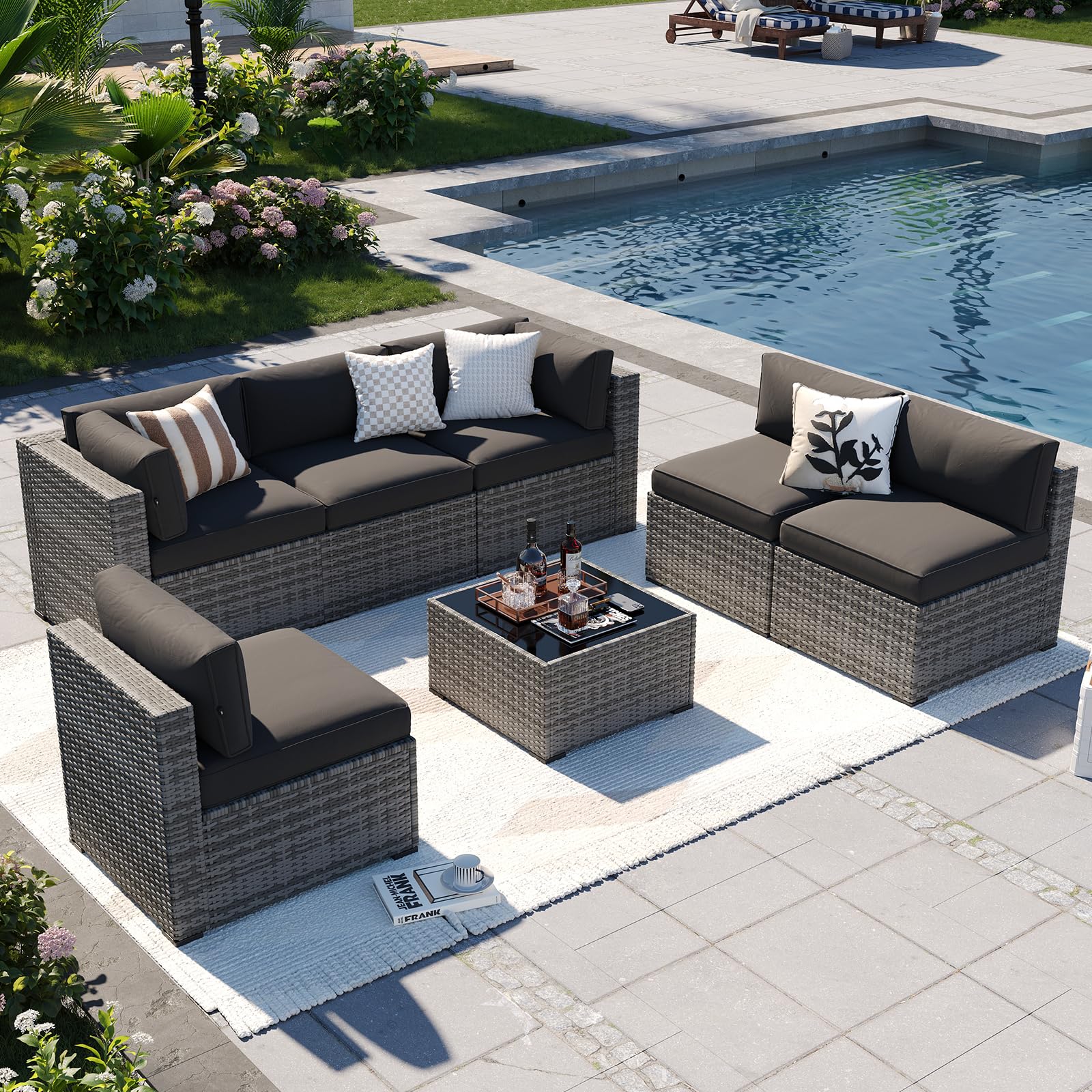Aoxun 7-Piece Outdoor Patio Furniture Set with Thick Cushions - All-Weather Wicker Sectional Sofa Conversation Set for Backyard, Poolside, Garden & Patio - Perfect for Relaxing, Entertaining & Outdoor Gatherings