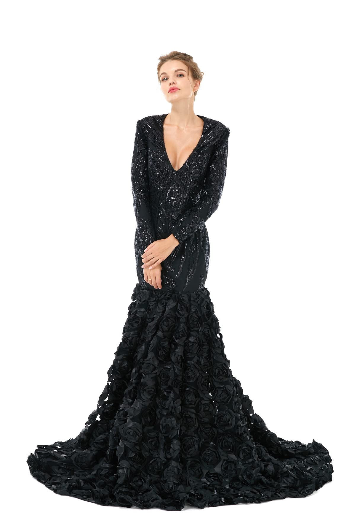 Elegant Women's Sequined Long Sleeve V-Neck Mermaid Evening Dress for Prom, Party, Pageant & Celebrity Events - Rose Floral Gown for Special Occasions