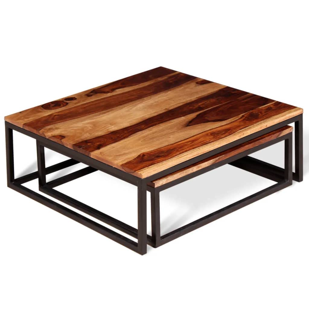 Industrial Style Nesting Coffee Table Set - 2-Piece Solid Sheesham Wood Side Tables for Living Room | Modern Couch End Table, Tea Table, Low Coffee Table | Perfect for Small Spaces, Apartments & Cozy Home Decor