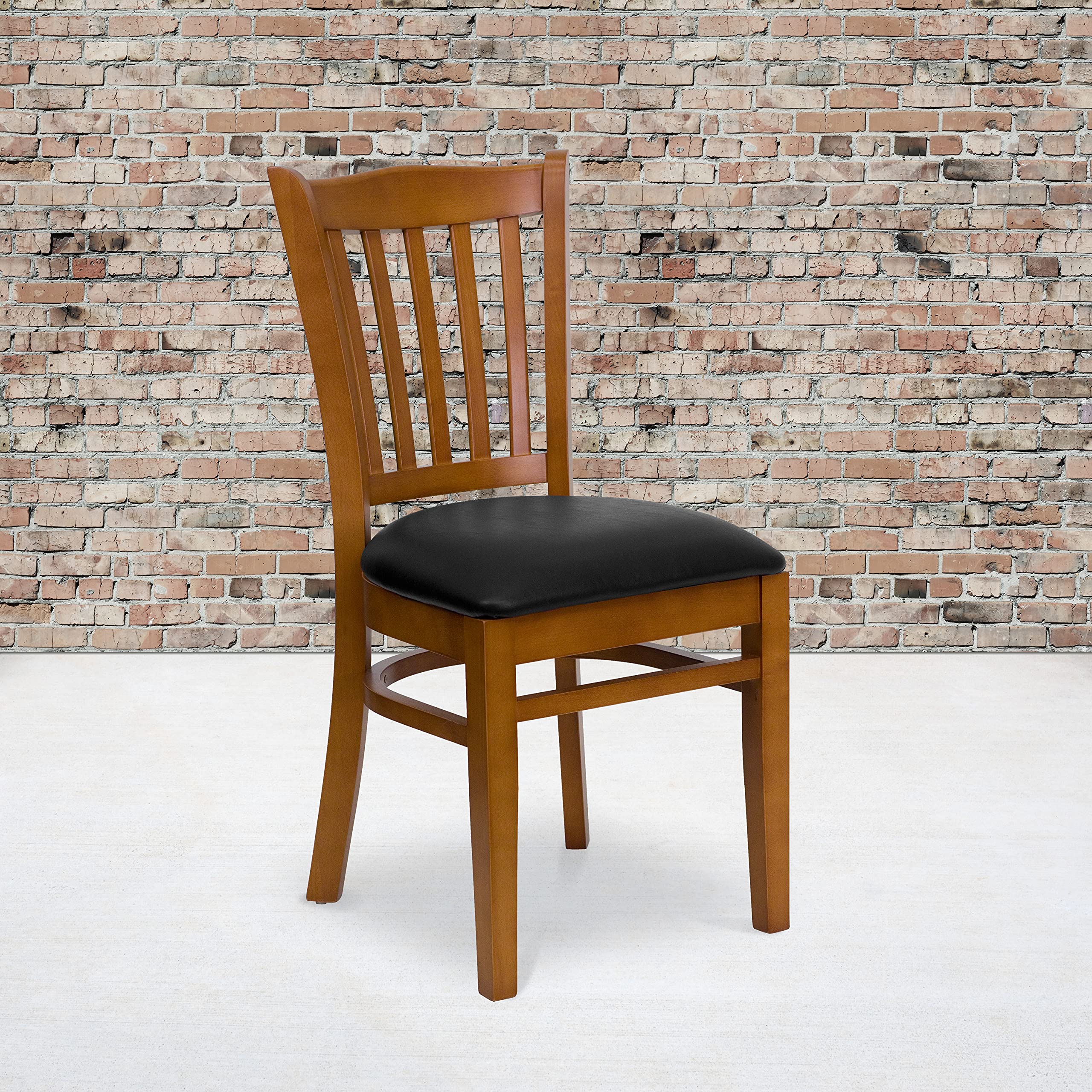 Flash Furniture HERCULES Series Cherry Wood Restaurant Chair with Vertical Slat Back & Black Vinyl Seat - Durable Dining Chairs for Restaurants, Cafes, and Home Kitchens