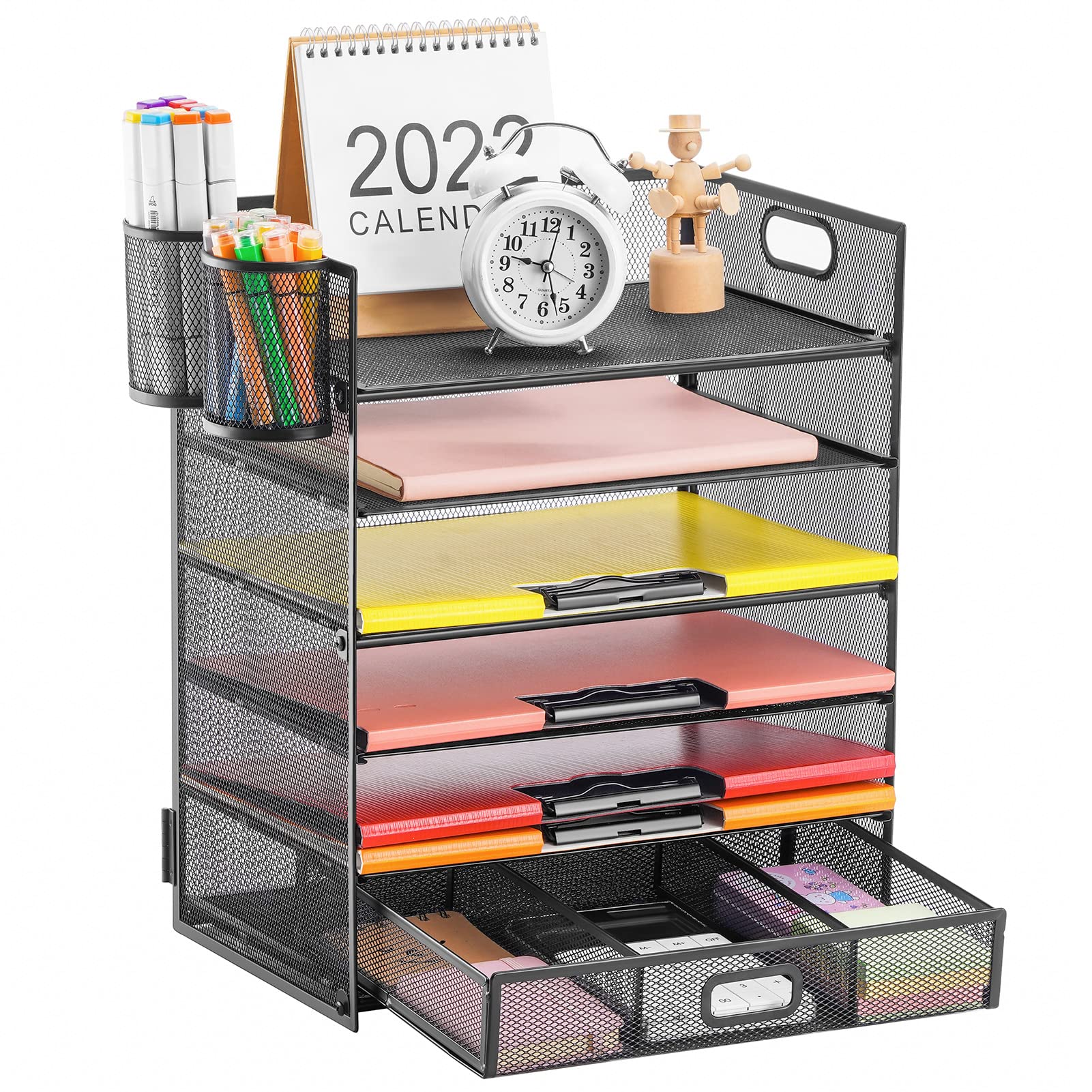 Lavatino 6-Tier Mesh Desk Organizer with Drawer - Black File Folder Holder for Office, Home & School - Paper Sorter, Letter Tray & Document Organizer | Perfect for Bills, Mail, Office Supplies & Schoolwork Organization