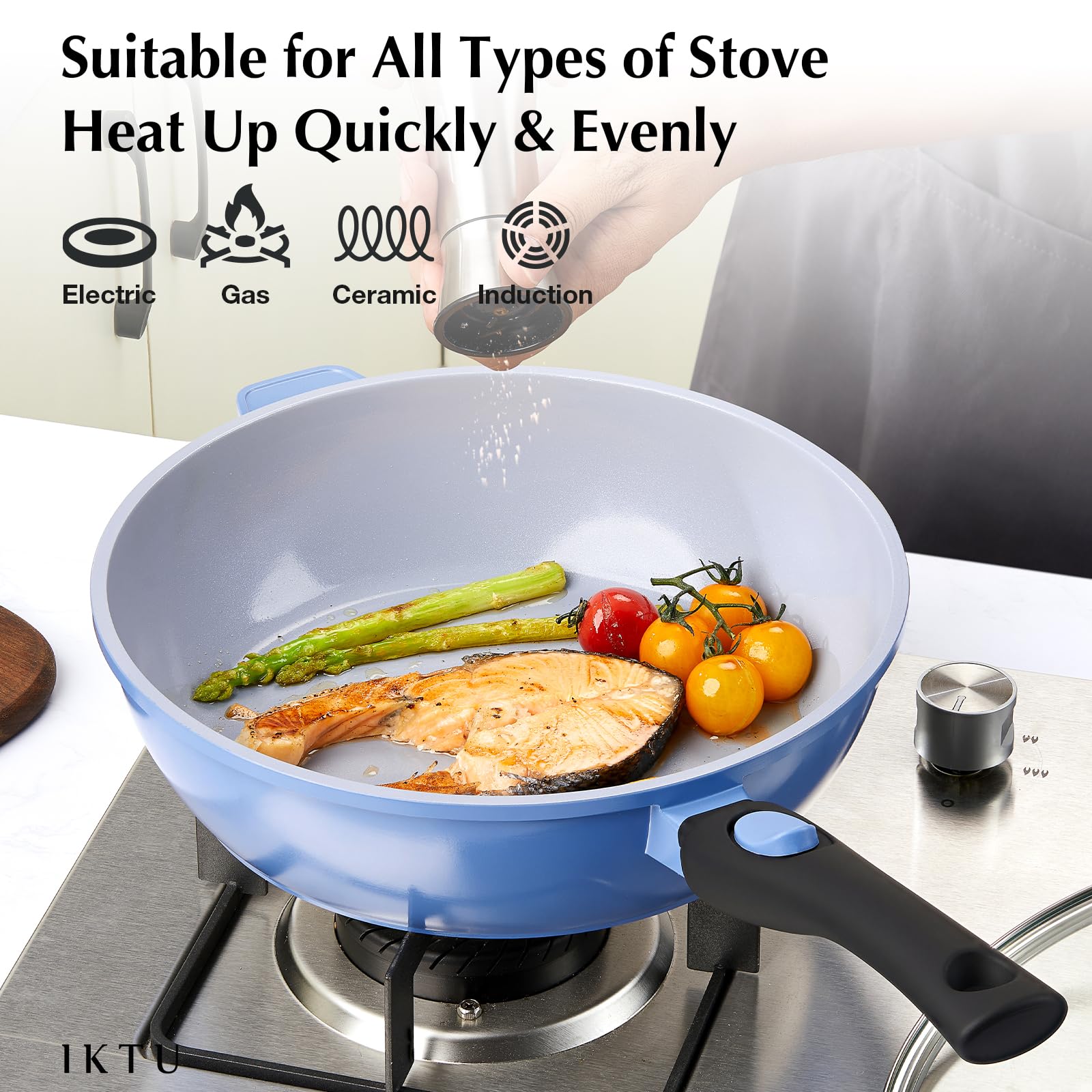 IKTU 11-Inch Ceramic Nonstick Deep Frying Pan - 4Qt Saute Pan with Lid & Helper Handle - PFAS PFOA & PTFE Free Induction Cookware - Perfect for Stir-Frying, Searing & Deep Frying - Detachable Handle for Easy Storage