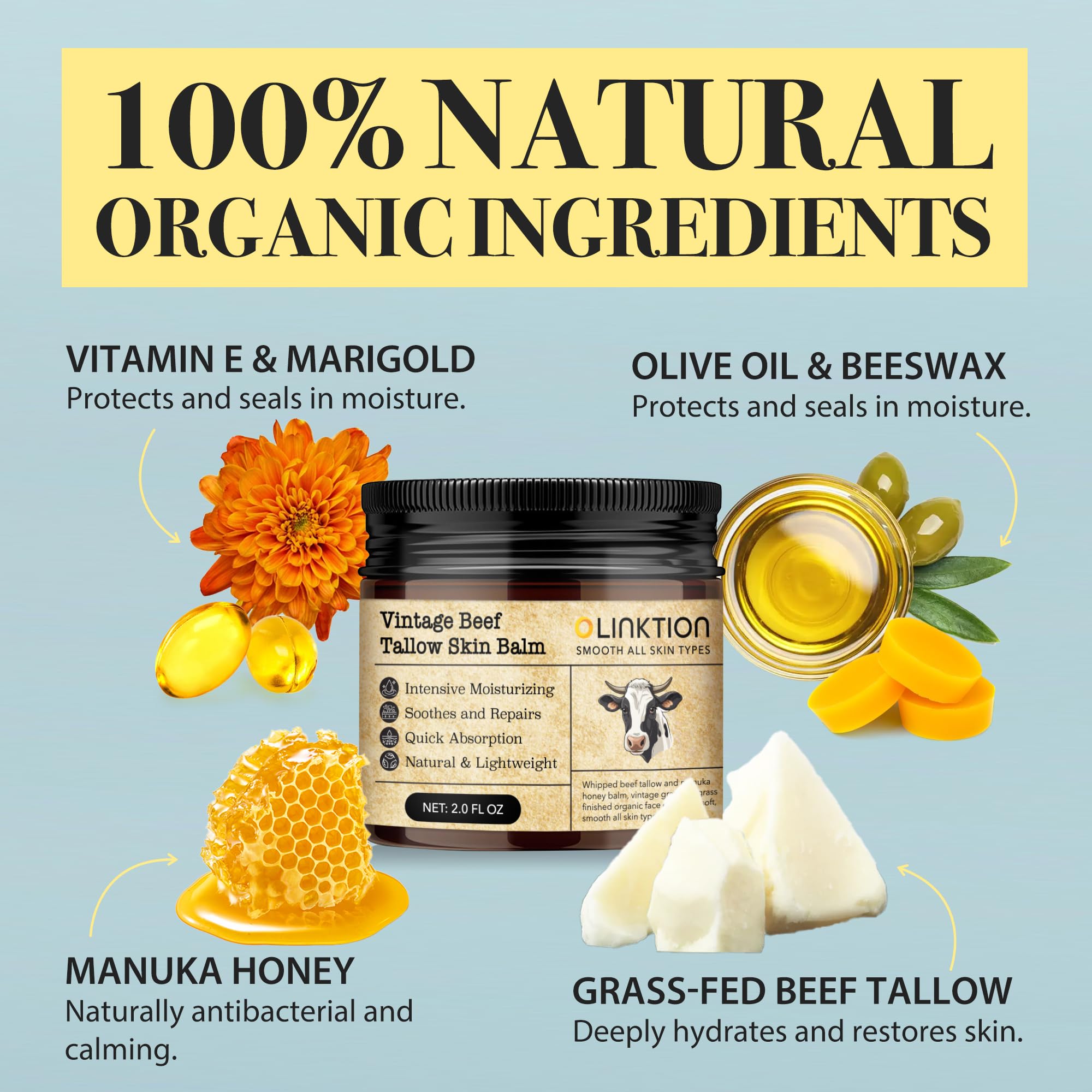 100% Grass-Fed Beef Tallow & Manuka Honey Balm for Face & Body - Organic Moisturizer with Olive Oil for Sensitive Dry Skin Repair - 2 oz - Perfect for Winter Care & Eczema Relief