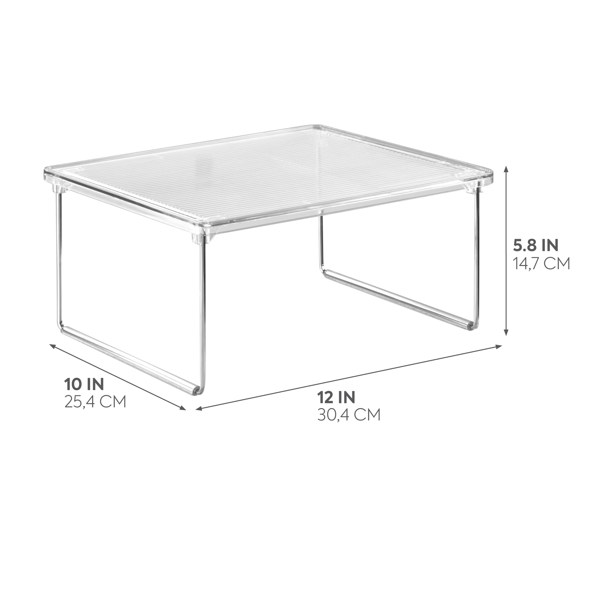 iDesign Stackable Kitchen Shelf - Plastic & Metal Cabinet Organizer for Dishes, Food, or Spices - Transparent & Silver - Perfect for Pantry, Countertop, and Small Space Storage
