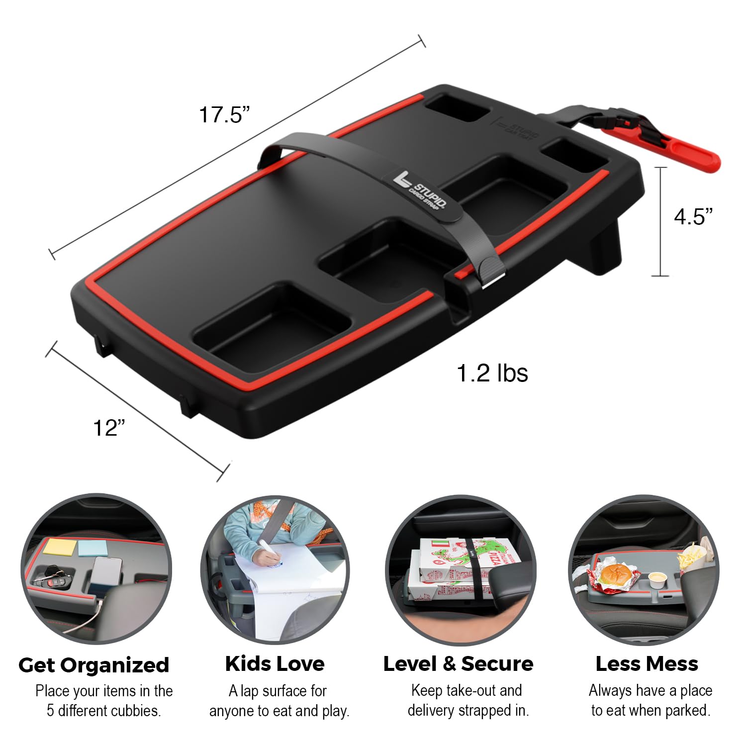 STUPID Car Tray - Premium Car Organizer with 2 Elastic Straps & Quick-Release Seat Anchor - Mobile Office Desk for Cars - Perfect for Road Trips, Food, Laptop Work & Hot Rod Accessories