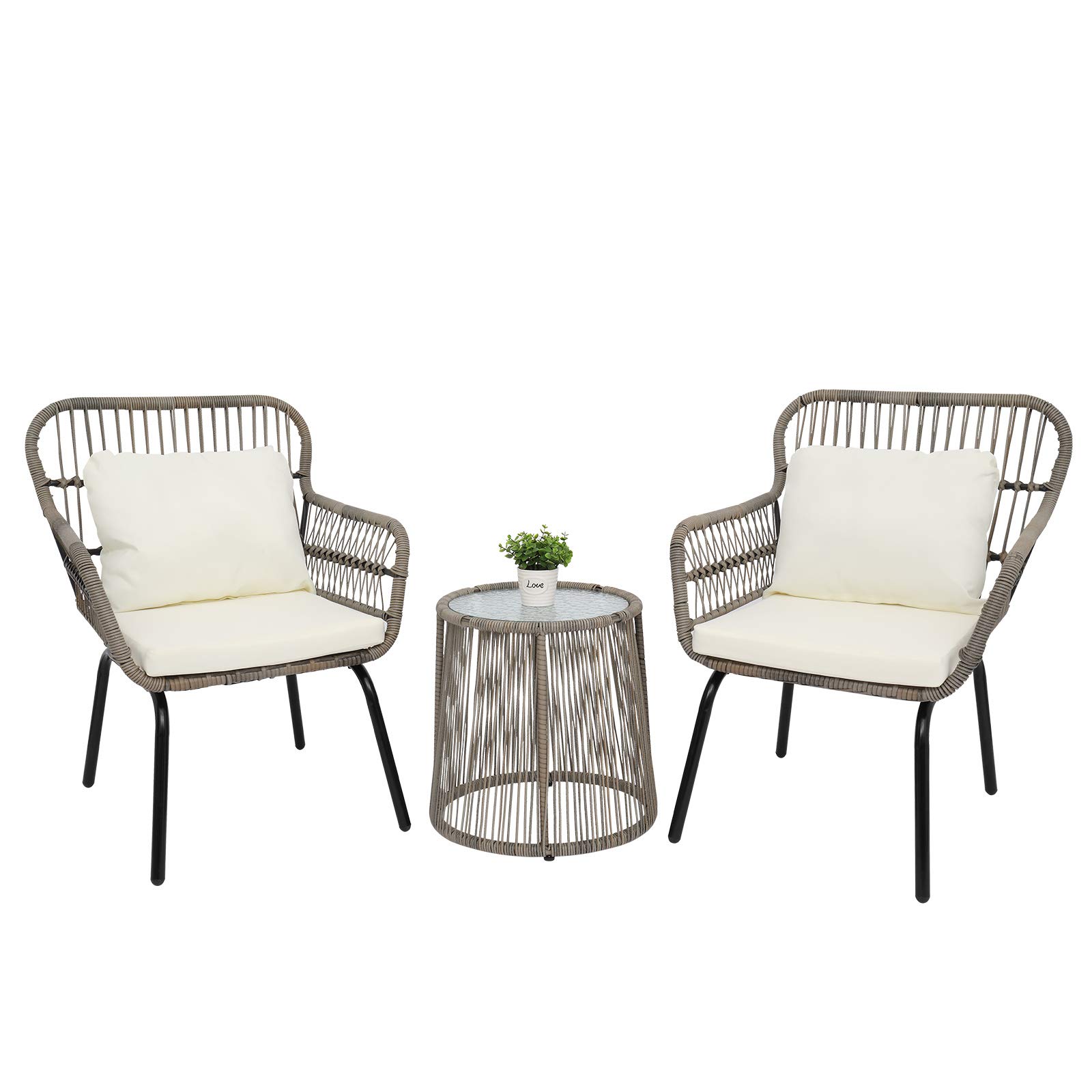 3-Piece All-Weather Wicker Bistro Set - Patio Conversation Chairs with Accent Table & Beige Cushions | Outdoor Dining, Garden Lounge, Backyard Decor
