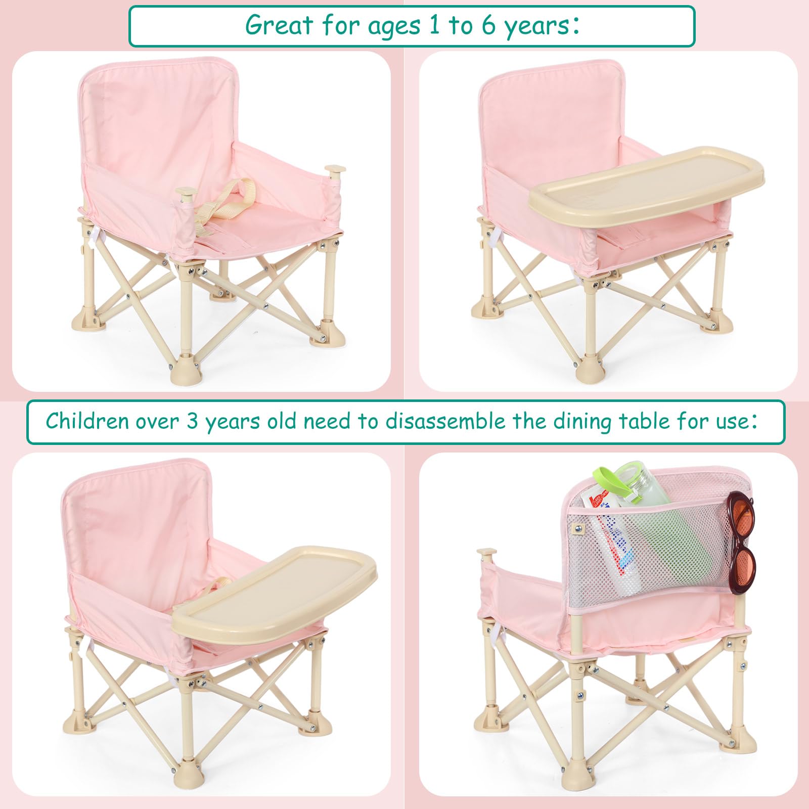 Portable Baby Beach Chair with Umbrella & Tray - Compact Folding Travel Booster Seat for Outdoor Dining, Camping & Beach Trips - Includes Storage Bag & Backrest Pocket - Perfect for Toddlers at Picnics, Parks & Family Vacations