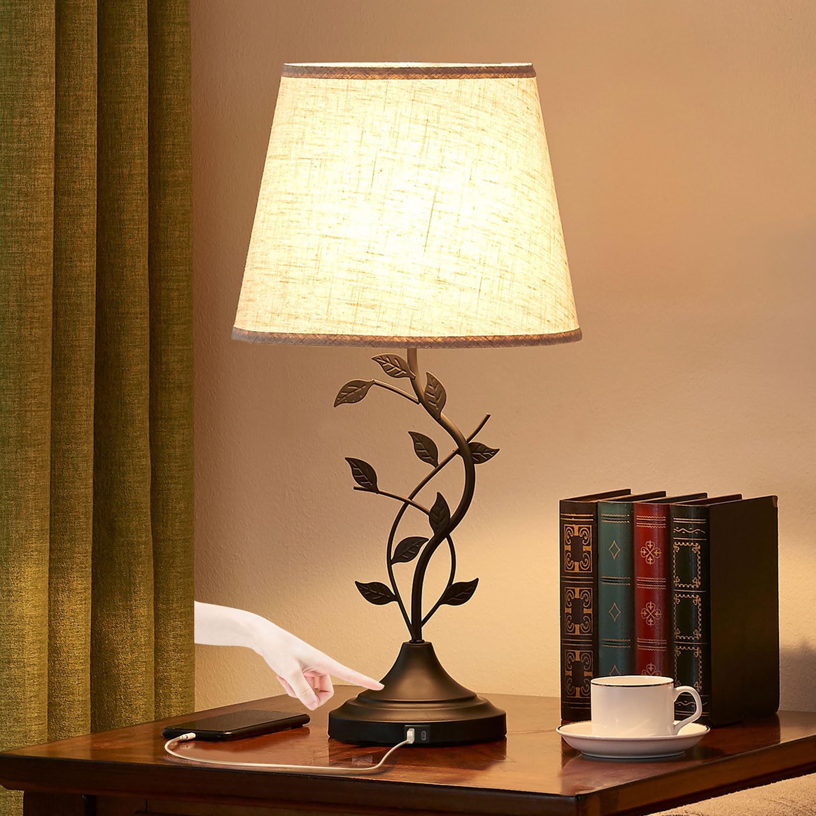 Kakanuo 3-Way Dimmable USB Touch Table Lamp with USB-C Charging Ports - Retro Nightstand Lamp for Bedroom, Living Room & Office - LED Bulb Included (Beige) | Perfect for Reading, Working & Creating Cozy Atmosphere