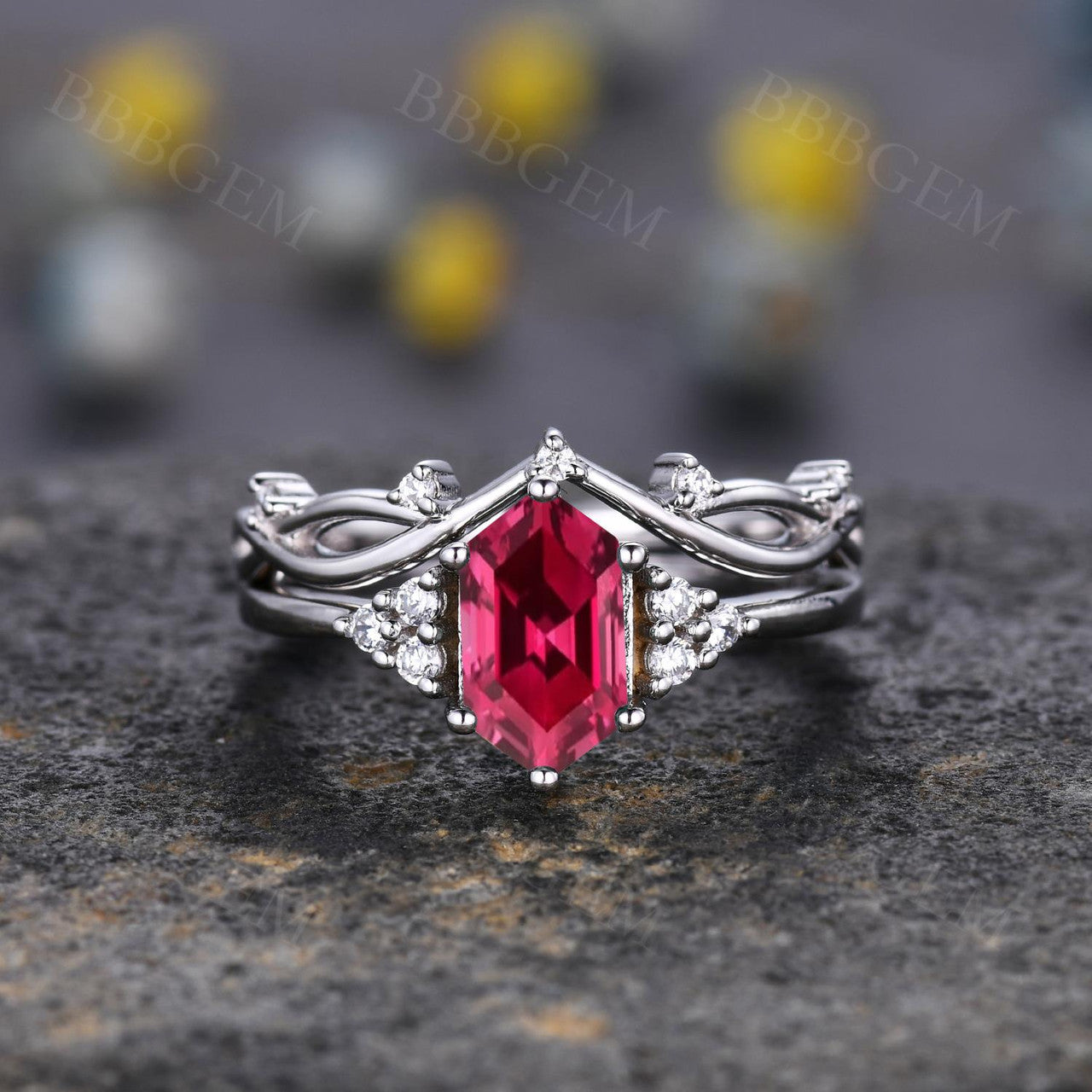 Hexagon Ruby and Diamond White Gold Wedding Ring Set - Nature-Inspired Twig Leaf Vine Cluster Design for Women - Perfect for Engagement, Anniversary, and Special Occasions