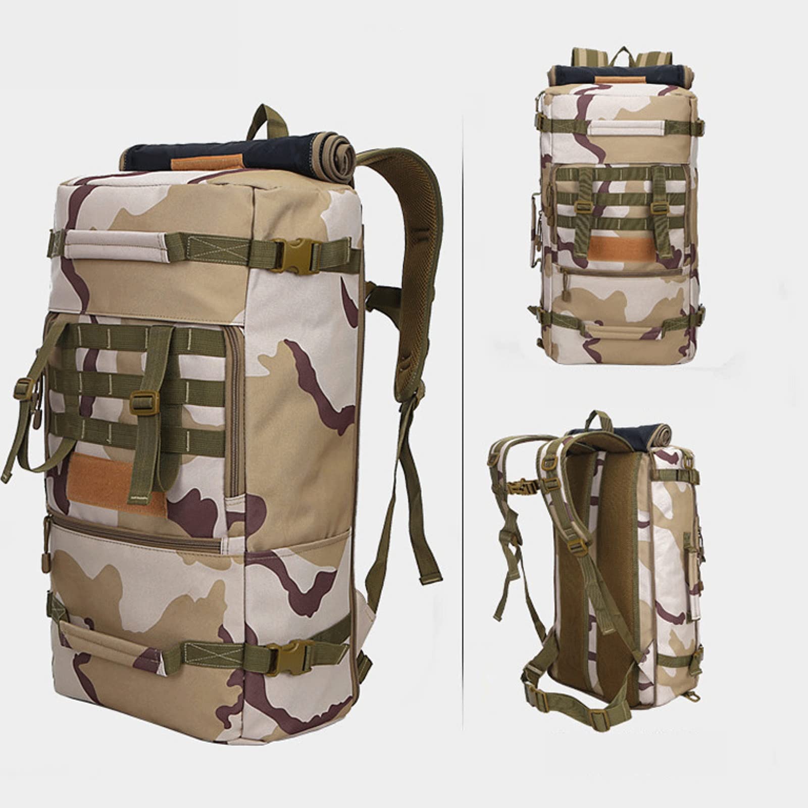 50L Tactical Backpack Military Assault Pack - Durable Outdoor Sports Hiking Backpack with Adjustable Shoulder Straps (Three Sand Camouflage, 56x30x19cm) - Perfect for Camping, Hiking, Travel & Airsoft Games