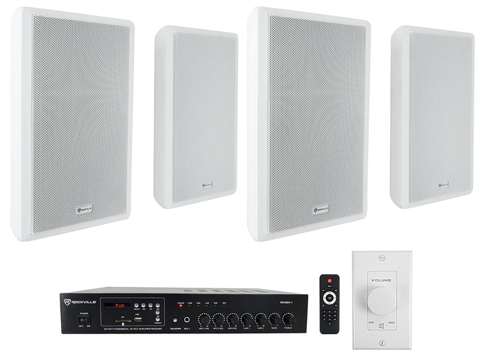 Rockville Commercial Restaurant Amplifier with 4 White Slim Wall Speakers & Wall Controller - Perfect for Restaurants, Bars, and Cafes Background Music System
