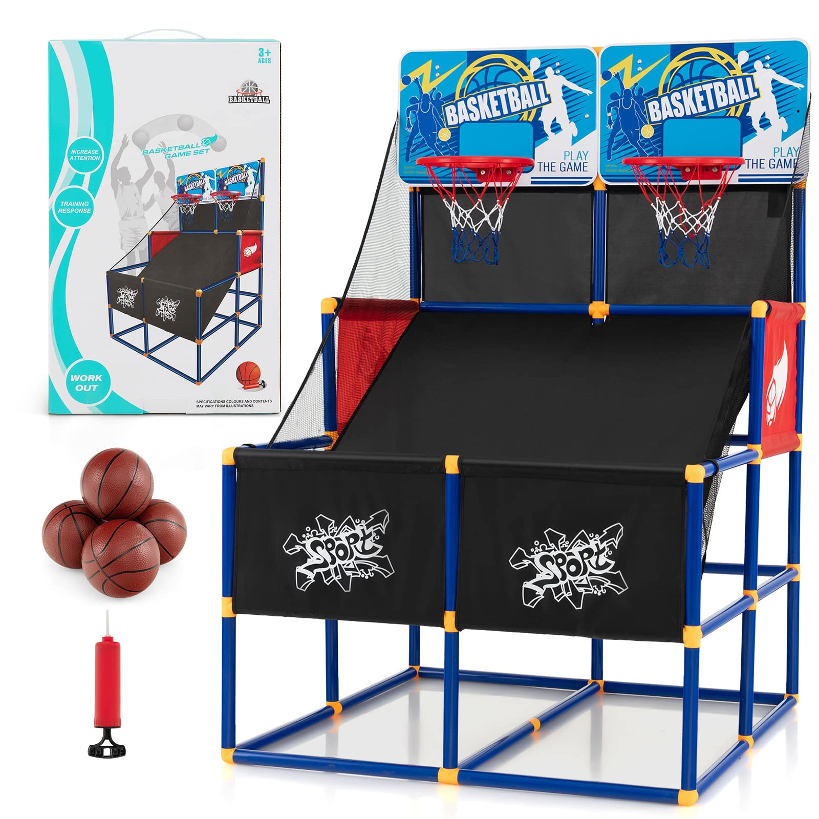 GYMAX Double Shot Arcade Basketball Game for Kids - Indoor Basketball Set with 2 Backboards, 4 Balls & Air Pump - Perfect for Playrooms, Birthday Parties & Family Fun