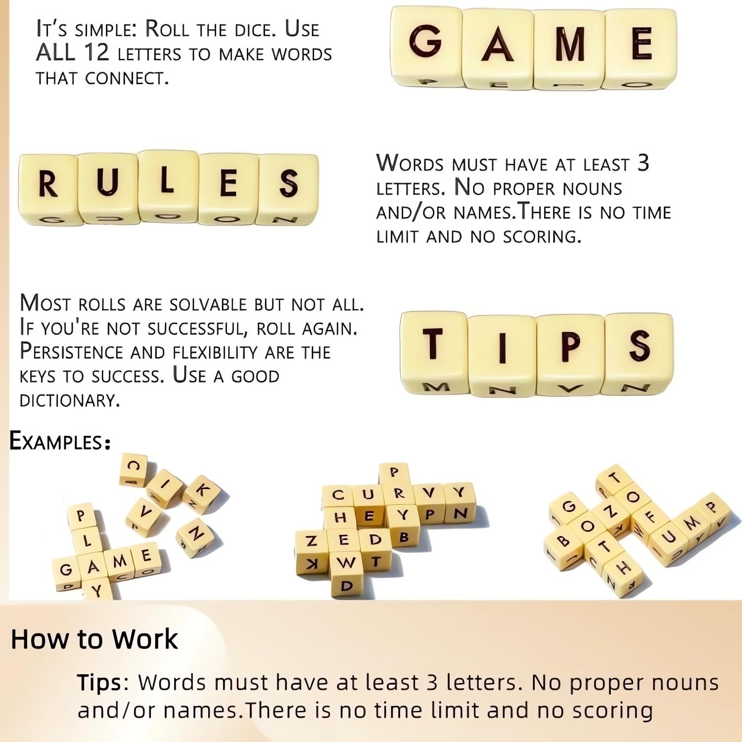 Q-Less Word Dice Game - Set of 12 Engraved 6-Sided Dice for Adults & Kids - Fun Crossword Solitaire, Spelling & Thinking Game - Perfect for Travel, Camping & Family Game Nights