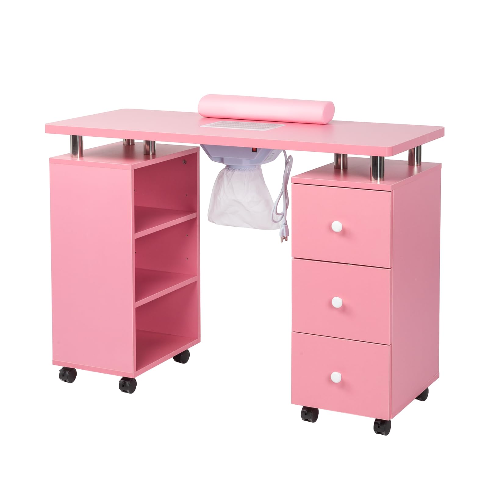 OmySalon Professional Manicure Table Nail Desk for Nail Technicians - Electric Downdraft Ventilation System, Lockable Wheels, Wrist Cushion & Storage Shelves - Perfect for Salon, Spa & Home Nail Studio (Pink)