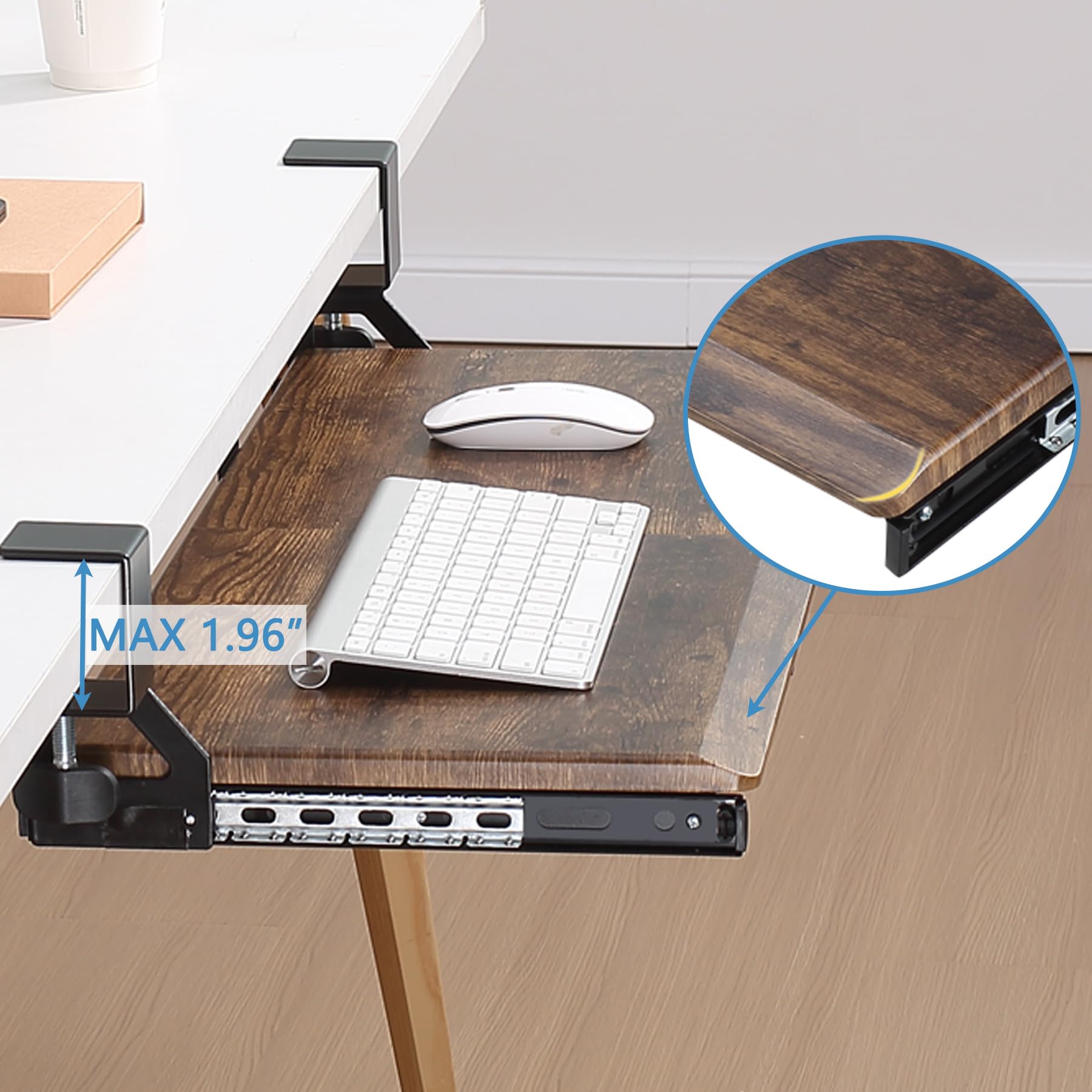Ergonomic Under Desk Keyboard Tray - Slide-Out Wooden Platform with C-Clamp for Home & Office Workspace