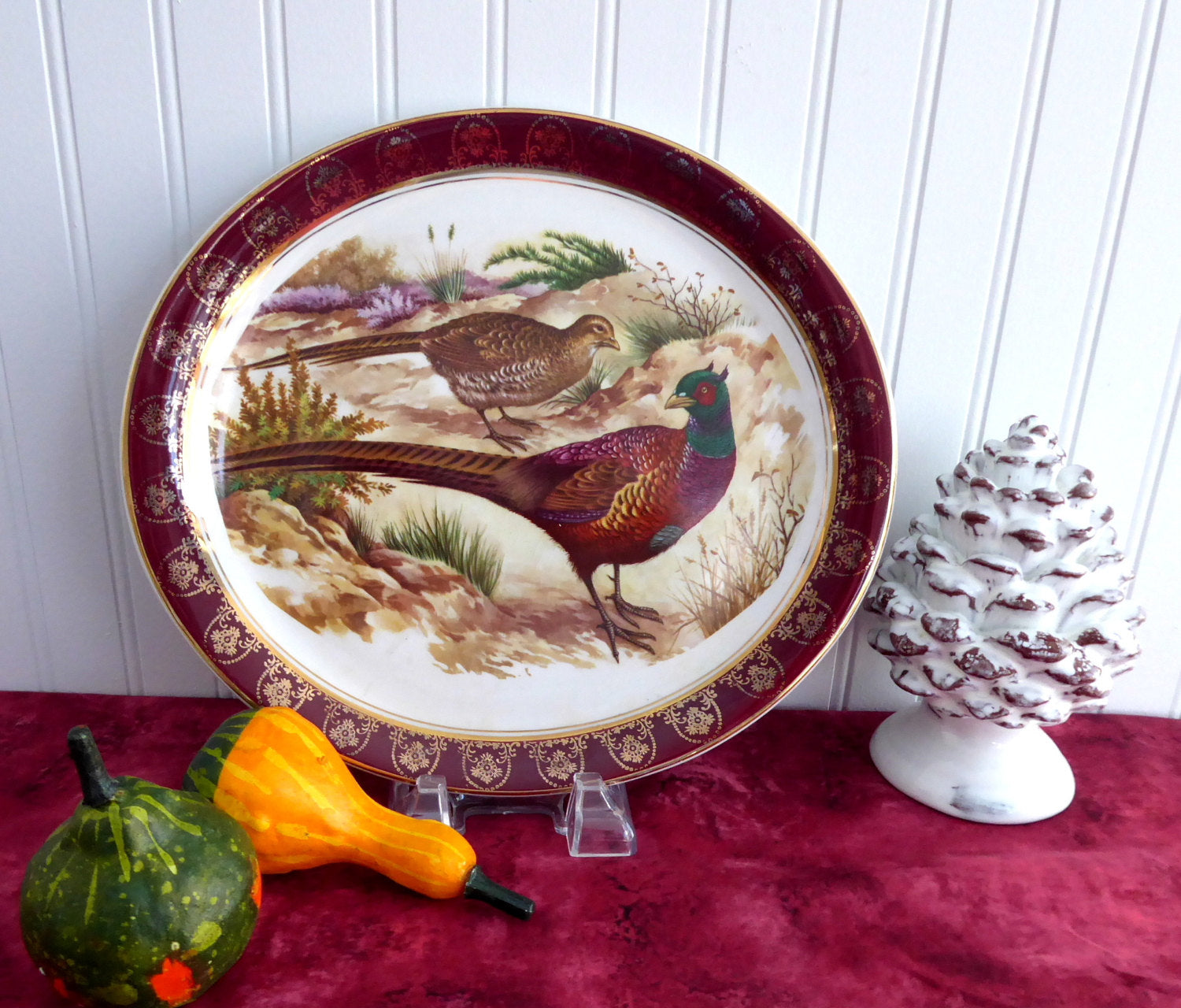 Vintage 1950s Pheasants Oval Platter by Wood and Sons - Game Birds Design with Burgundy Border & Gold Overlay - Elegant Serving Dish for Holiday Dinners, Tea Parties & Collectible Home Decor