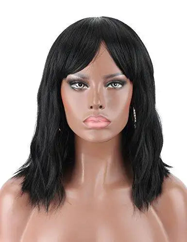 Heat Resistant Synthetic Wavy Mid-Length Wig with Bangs - Perfect for Cosplay, Daily Wear & Special Occasions
