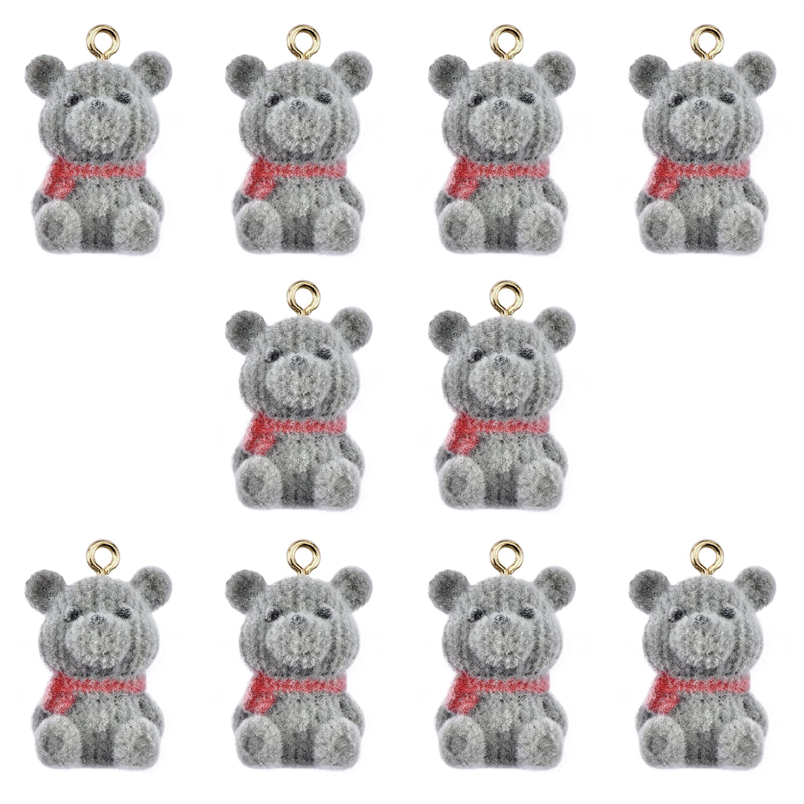 10Pcs Resin Bear Pendants - Flocky Gray Bear Charms with Alloy Findings for DIY Jewelry Making (Necklace, Earrings) - Perfect for Crafting, Gifts & Handmade Accessories