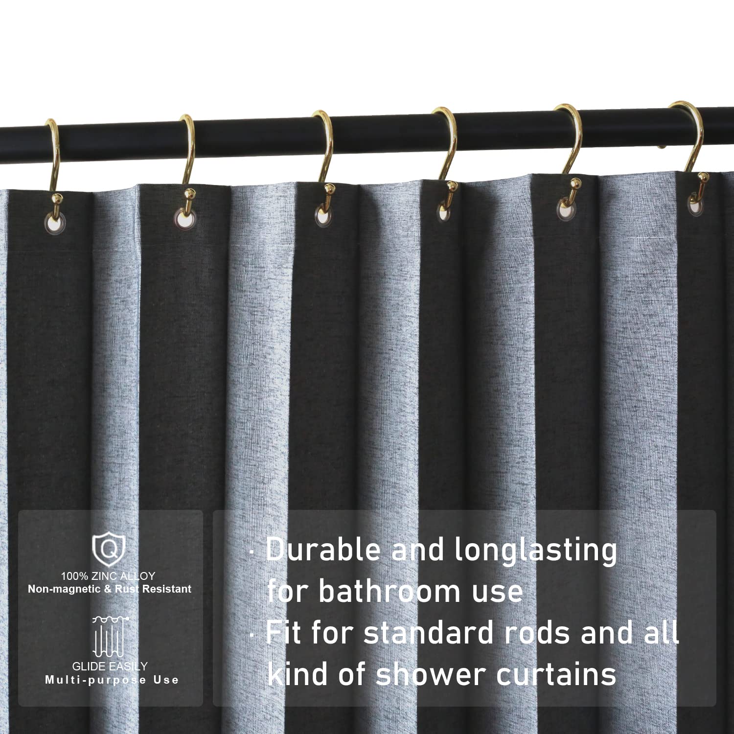 12-Pack Rust-Proof S-Shaped Shower Curtain Hooks - Decorative Gold Metal Rings for Bathroom, Closet & Home Organization - Multi-Purpose Hangers for Towels, Robes & Clothes