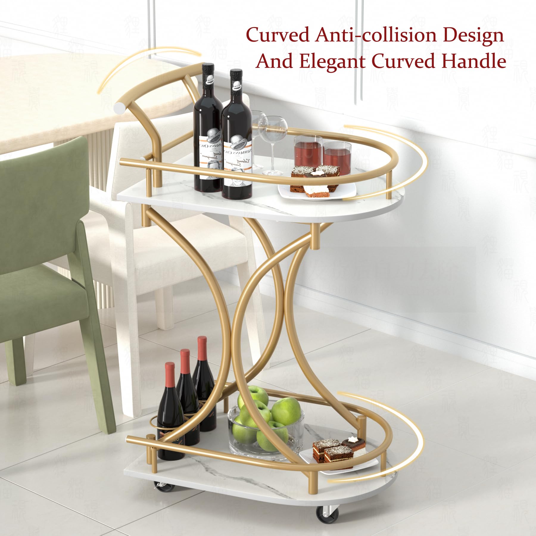 2-Tier Gold Rolling Bar Cart with Wheels & Handle - Curved Anti-Collision Design, Wine Rack & Glass Holder - Mobile Serving Cart for Kitchen, Dining Room, Living Room, Home Bar & Party Entertaining
