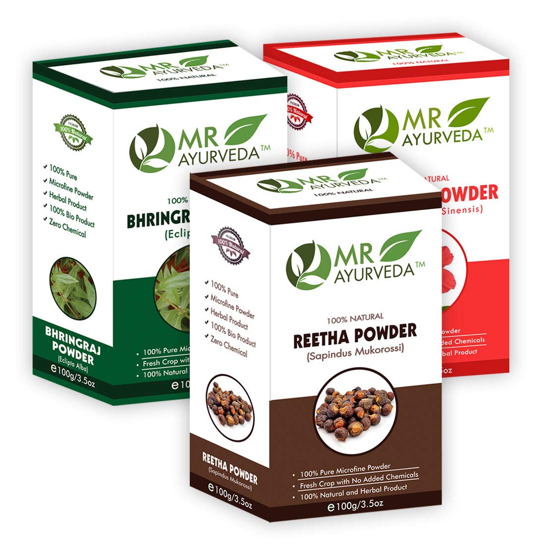 MR Ayurveda Hibiscus Powder, Bhringraj Powder & Reetha Powder for Hair Growth & Scalp Care - 3 Pack (100g Each) | Natural Ayurvedic Hair Treatment for Dandruff, Hair Fall & Shine | DIY Hair Masks & Herbal Hair Care Routine