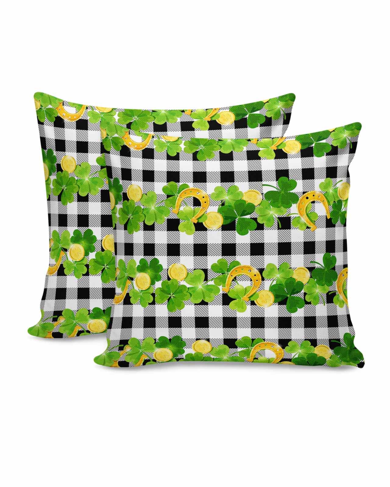 St. Patrick's Day Lucky Clover Pillow Covers 16x16 Inch Set of 2 - Rustic Linen Decorative Square Throw Pillow Covers with Buffalo Plaid Design - Perfect for Patio, Sofa, Couch & Bedroom Decor