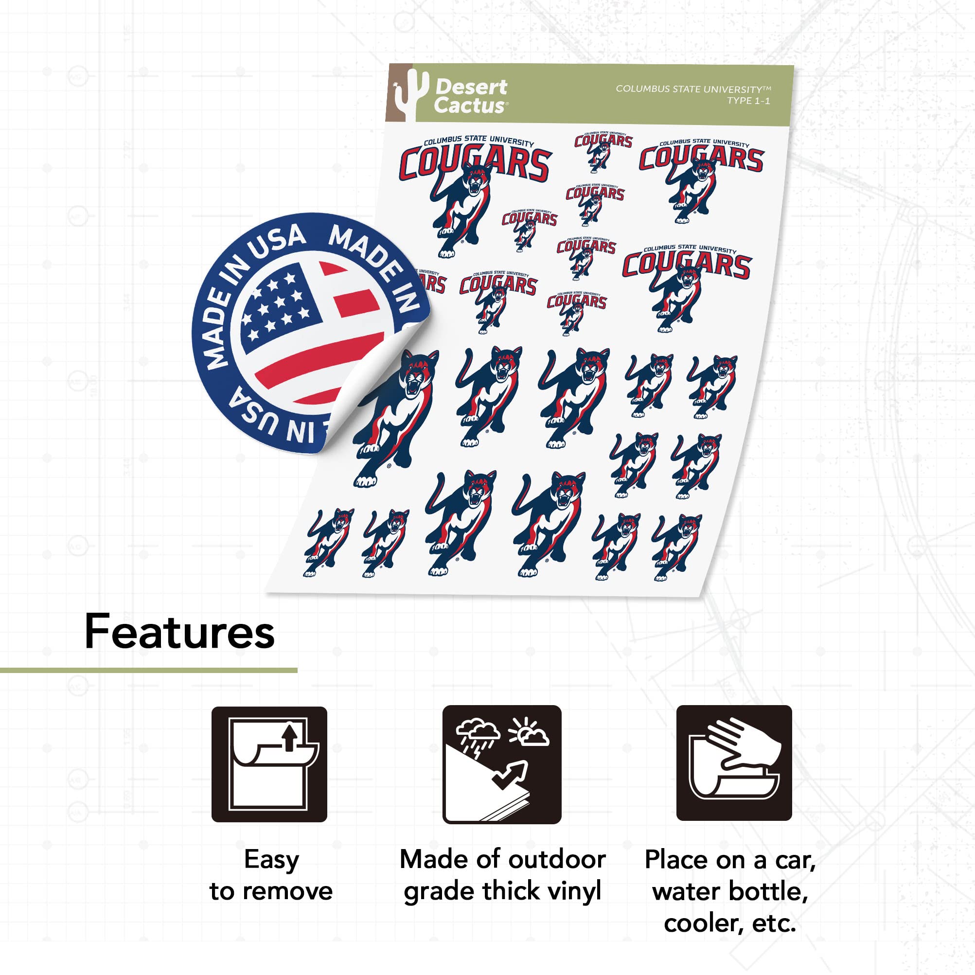 CSU Cougars Desert Cactus Vinyl Decals - Waterproof Stickers for Laptop, Water Bottle, Car & Scrapbook - Columbus State University Spirit Decals - Perfect for School Pride & Gifts