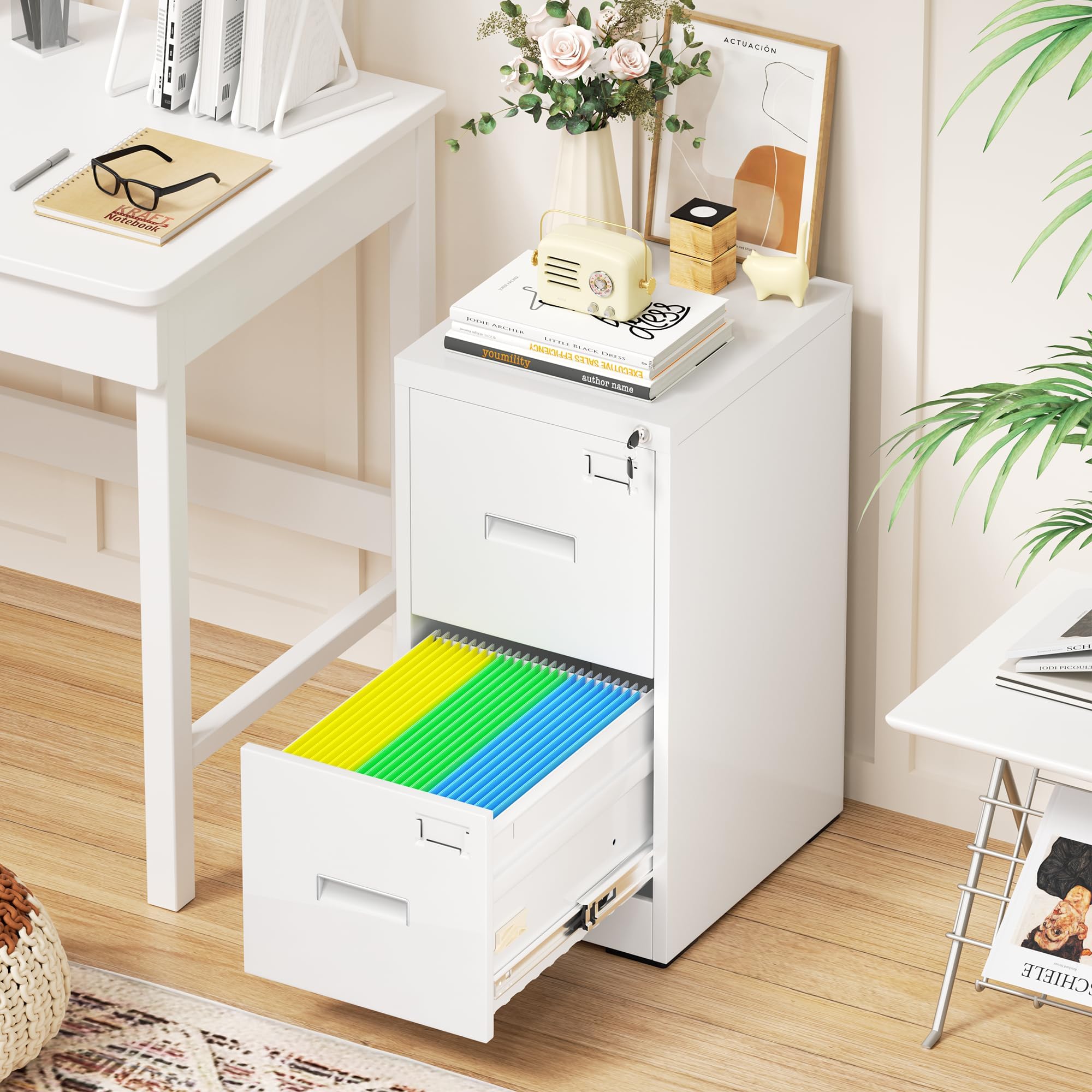 Bonusall 2-Drawer Vertical Metal File Cabinet with Lock - Letter/Legal/A4/F4 Size - Sturdy Steel Lateral Filing Cabinet for Home Office - White | Organize Documents Securely in Office or Study Room