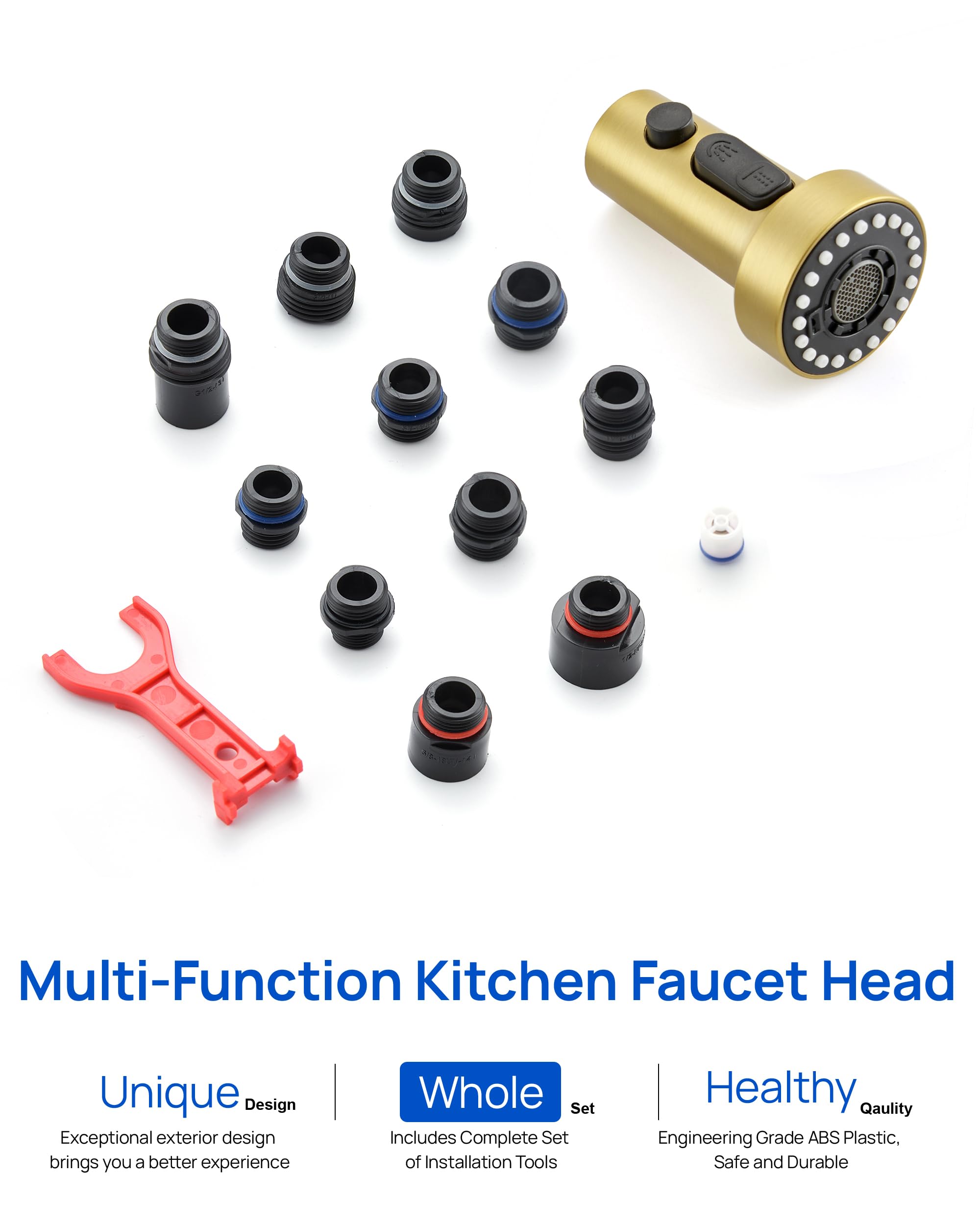 3-Function Pull Down Kitchen Faucet Sprayer Head Replacement with 15 Adapters - Brushed Gold Nozzle for Sink Sprayer, Hose & Tap Spout | Perfect for Kitchen Renovation, Dishwashing & Food Prep