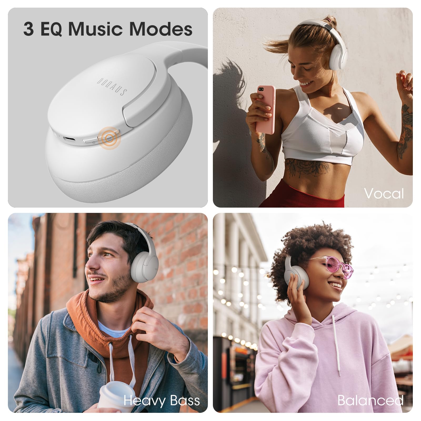 DOQAUS Wireless Over-Ear Headphones with 90H Playtime, Bluetooth 5.0, HiFi Stereo Sound, Deep Bass, Built-in Mic & 3 EQ Modes - Foldable Light Gray Headset for iPhone, Android, PC, Travel, Office & Gaming